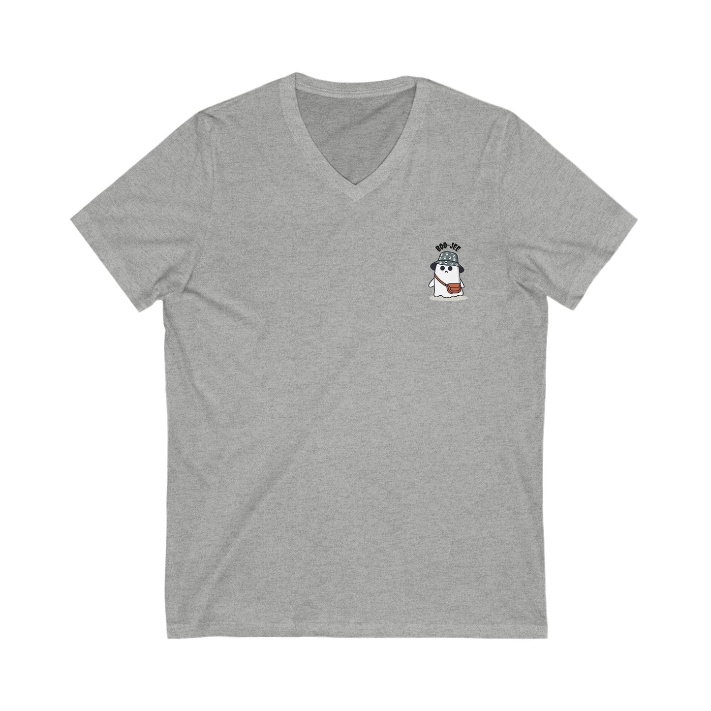 Gray t-shirt with a small logo on the chest against a white background