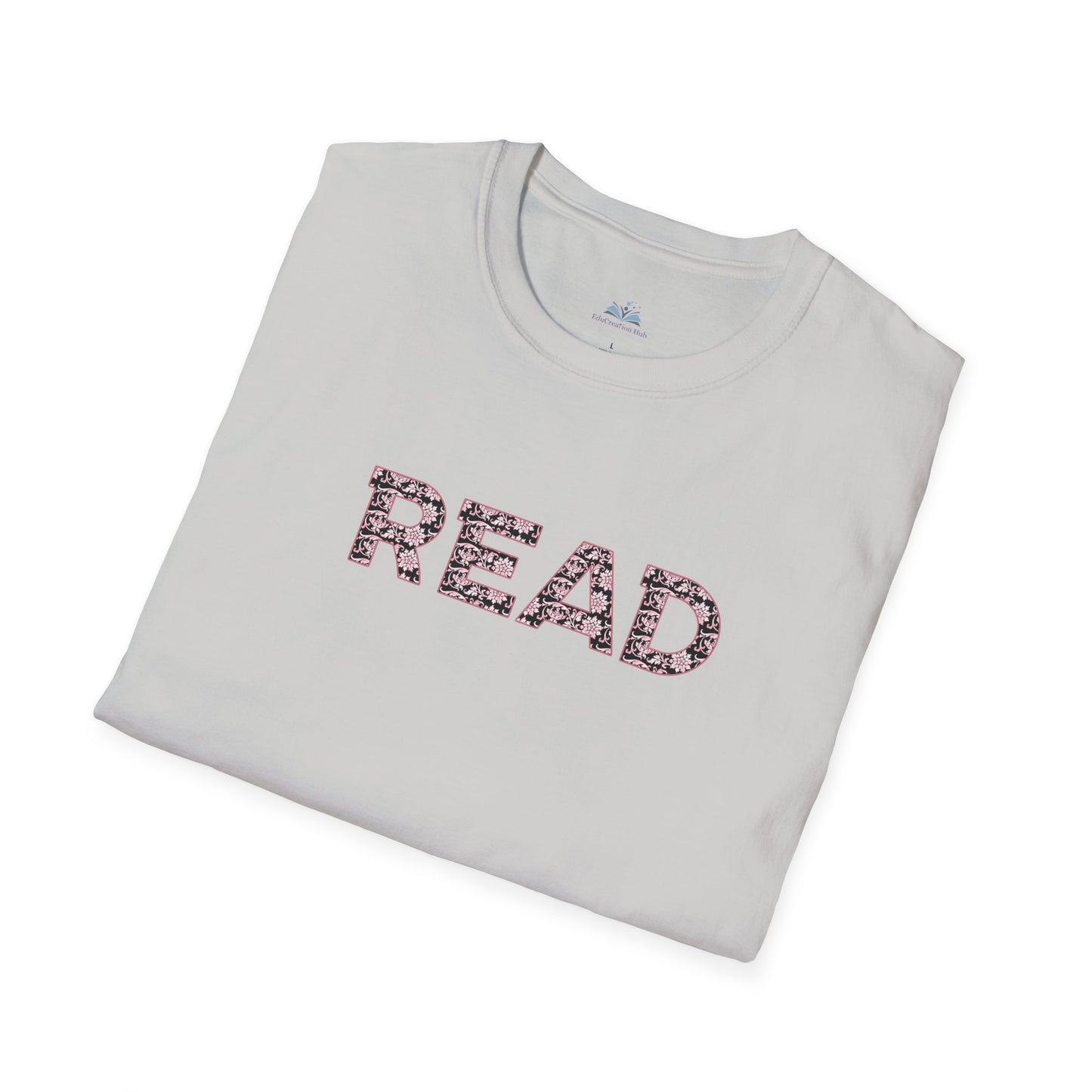 Folded gray t-shirt with 'READ' printed on it against a white background