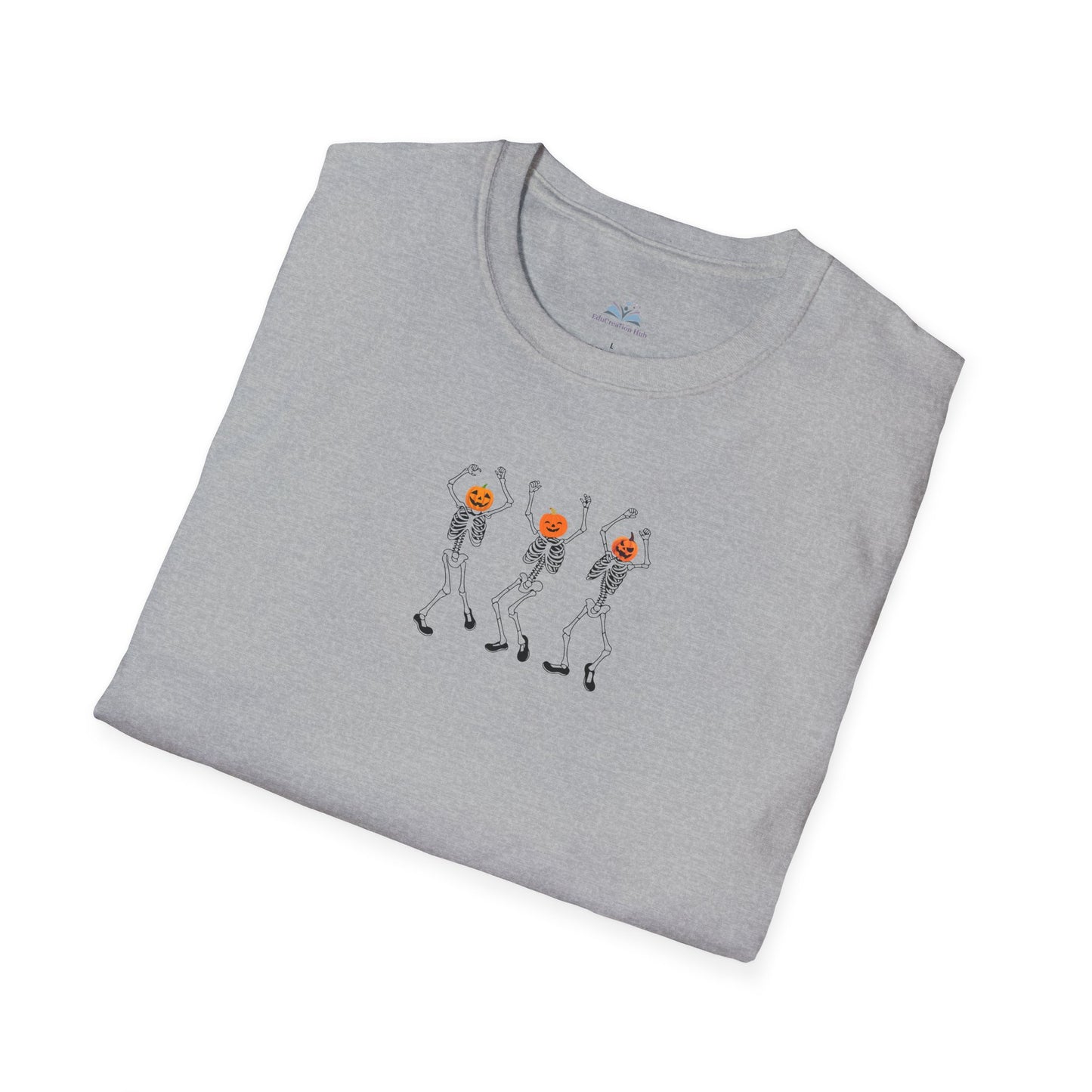 Folded gray t-shirt with skeleton design on a white background