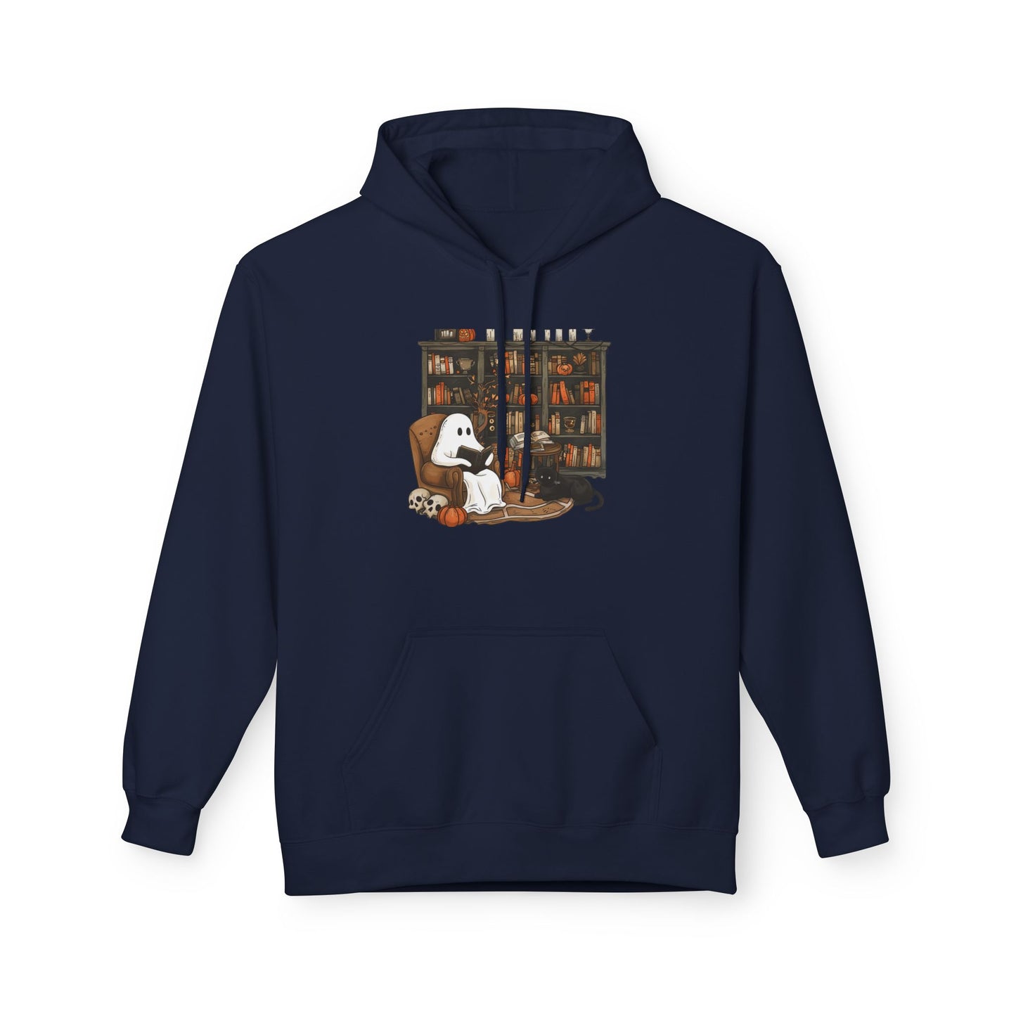 Navy blue hoodie with a graphic of a ghost and dog in a library on a white background