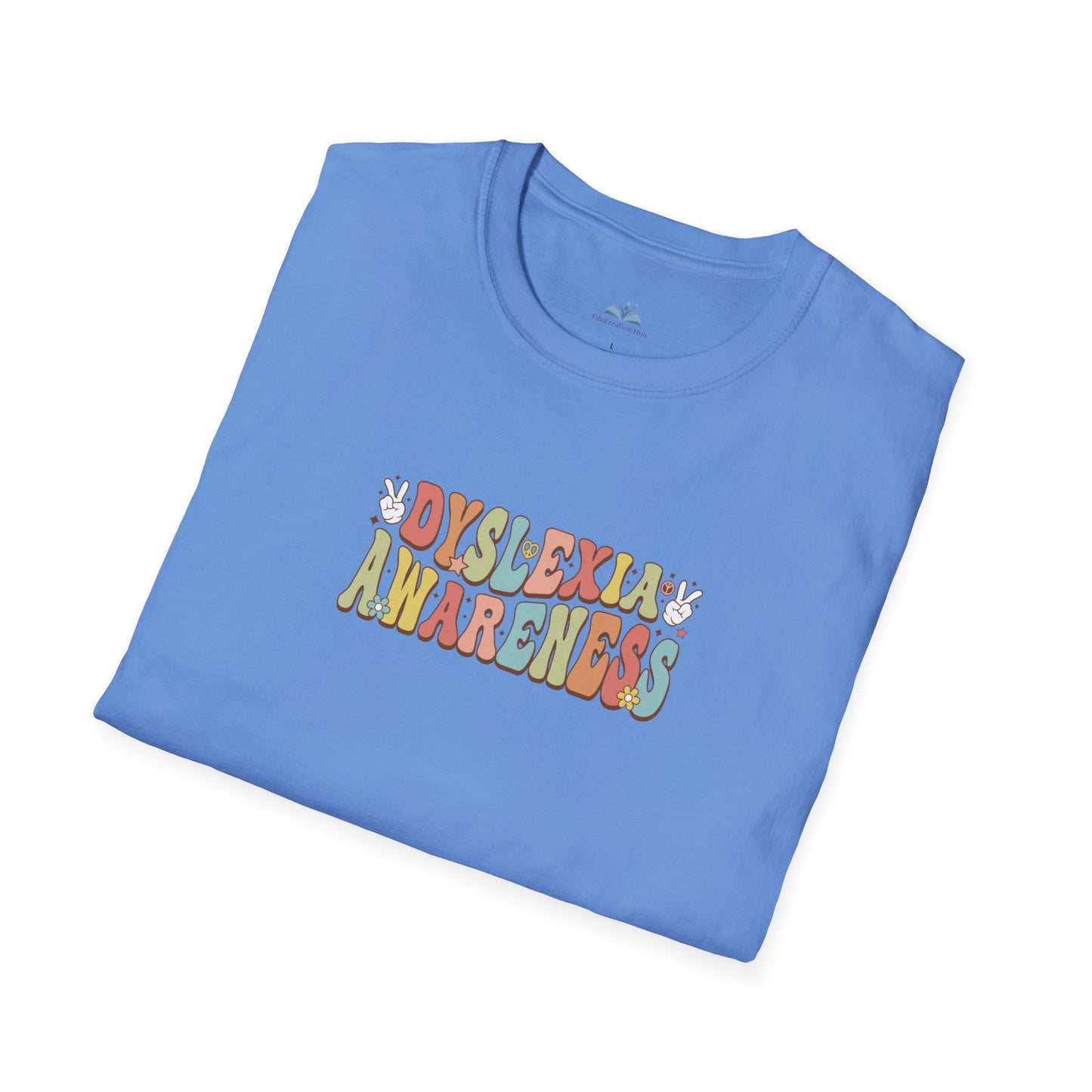 Folded blue t-shirt with 'Dyslexia Awareness' text on a white background