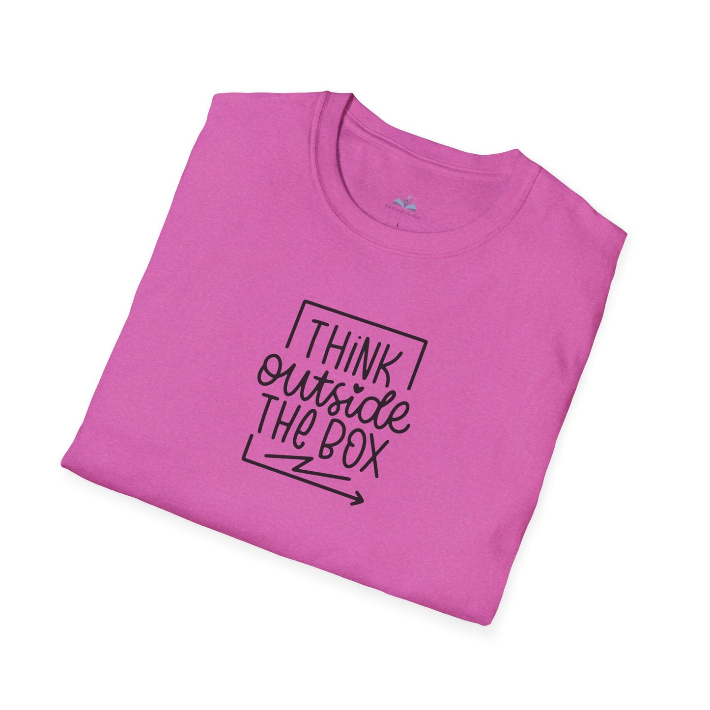 Folded pink t-shirt with 'I think outside the box' text on a white background