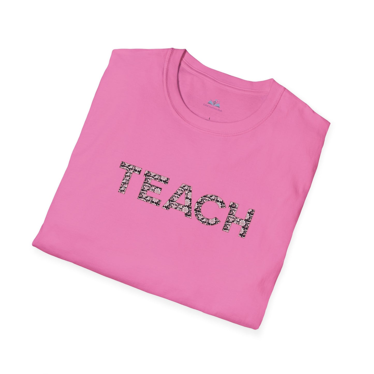 Pink t-shirt with 'TEACH' text on a white background