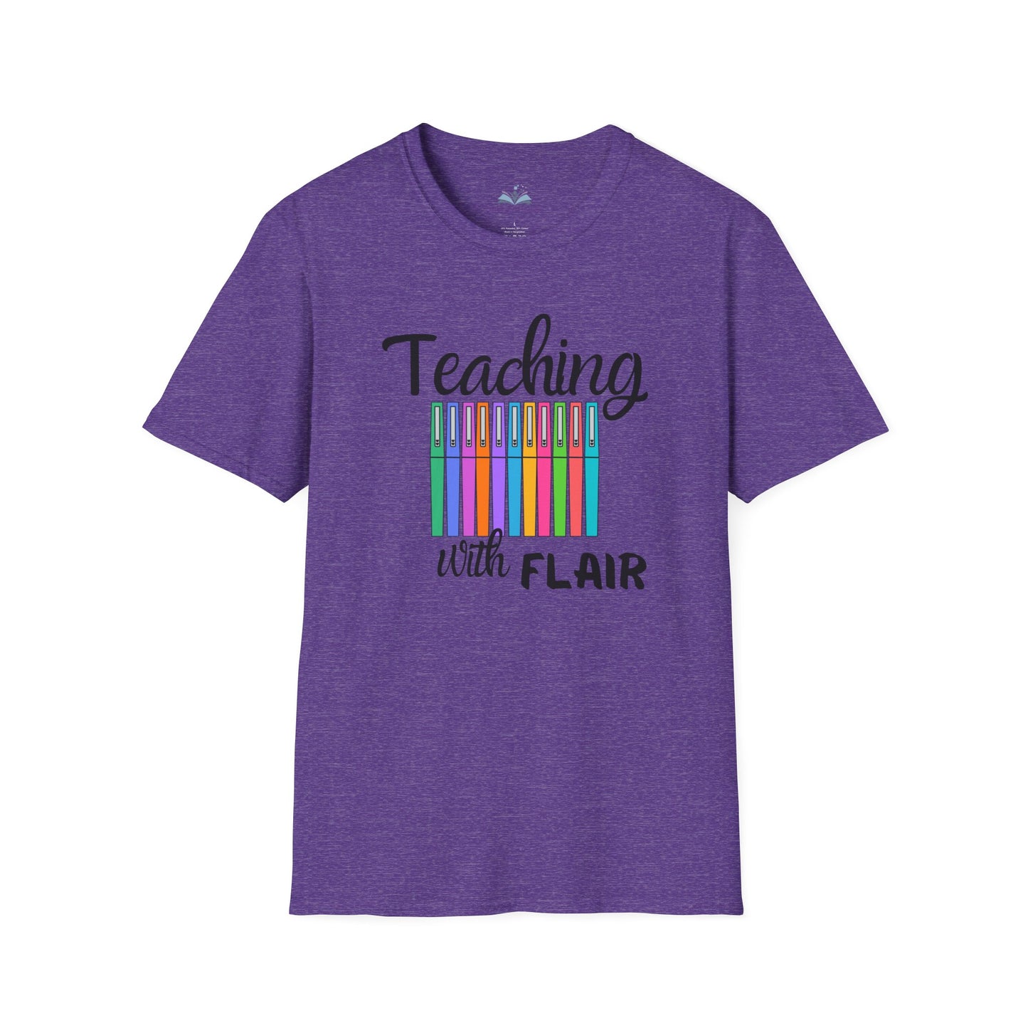 Purple t-shirt with 'Teaching with Flair' text and colorful design on a white background