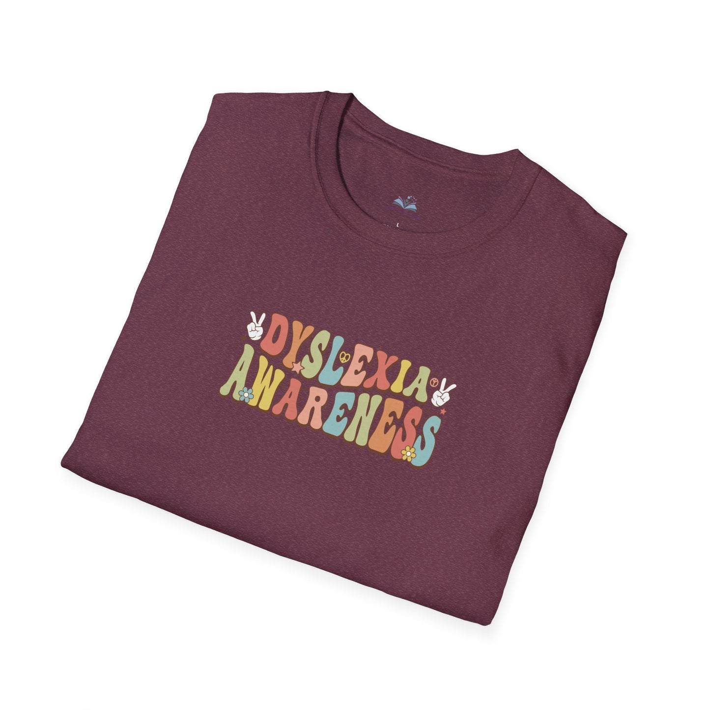 Folded maroon t-shirt with 'Dyslexia Awareness' text on a white background