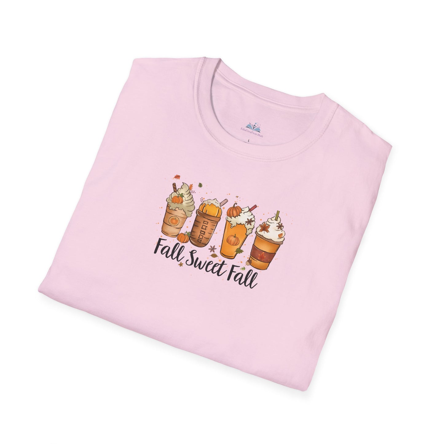Folded pink t-shirt with 'Fall Sweet Fall' graphic on a white background