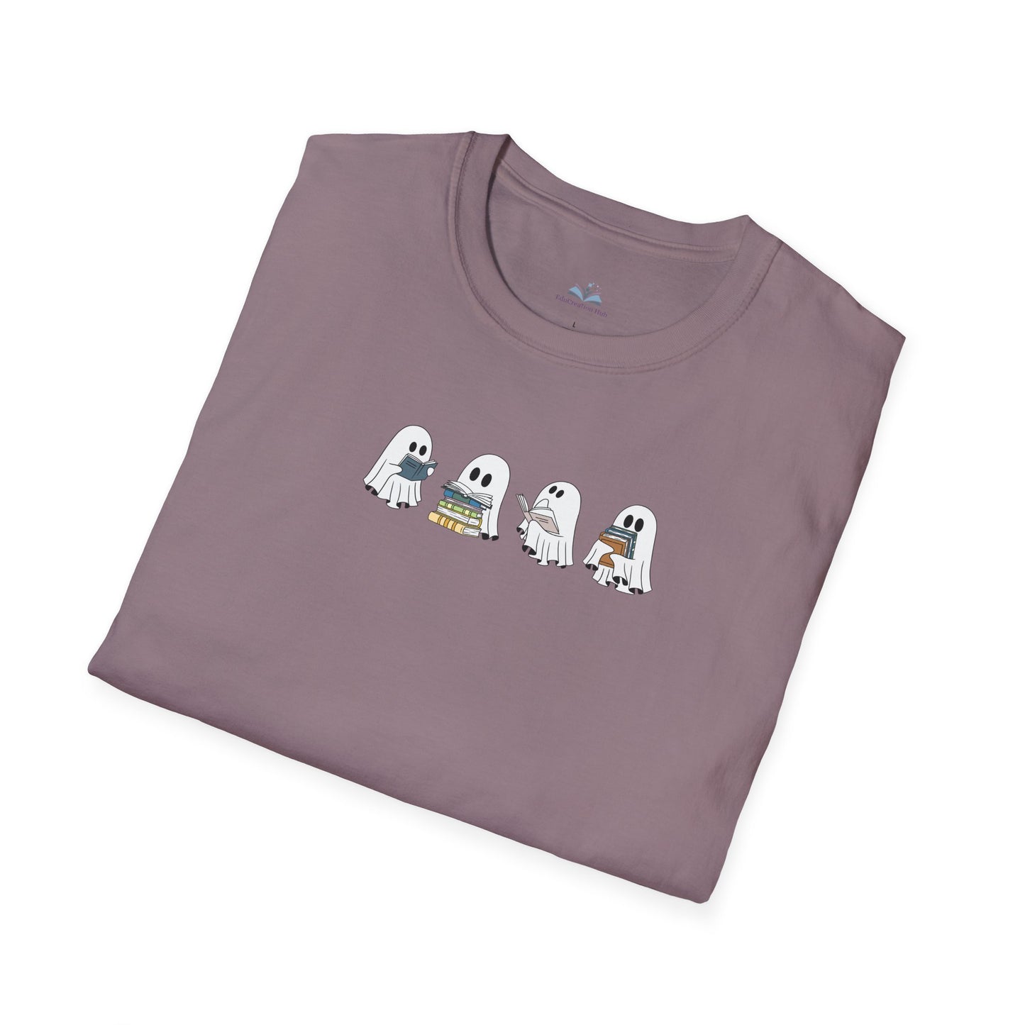 Folded purple t-shirt with cartoon ghost design on a white background