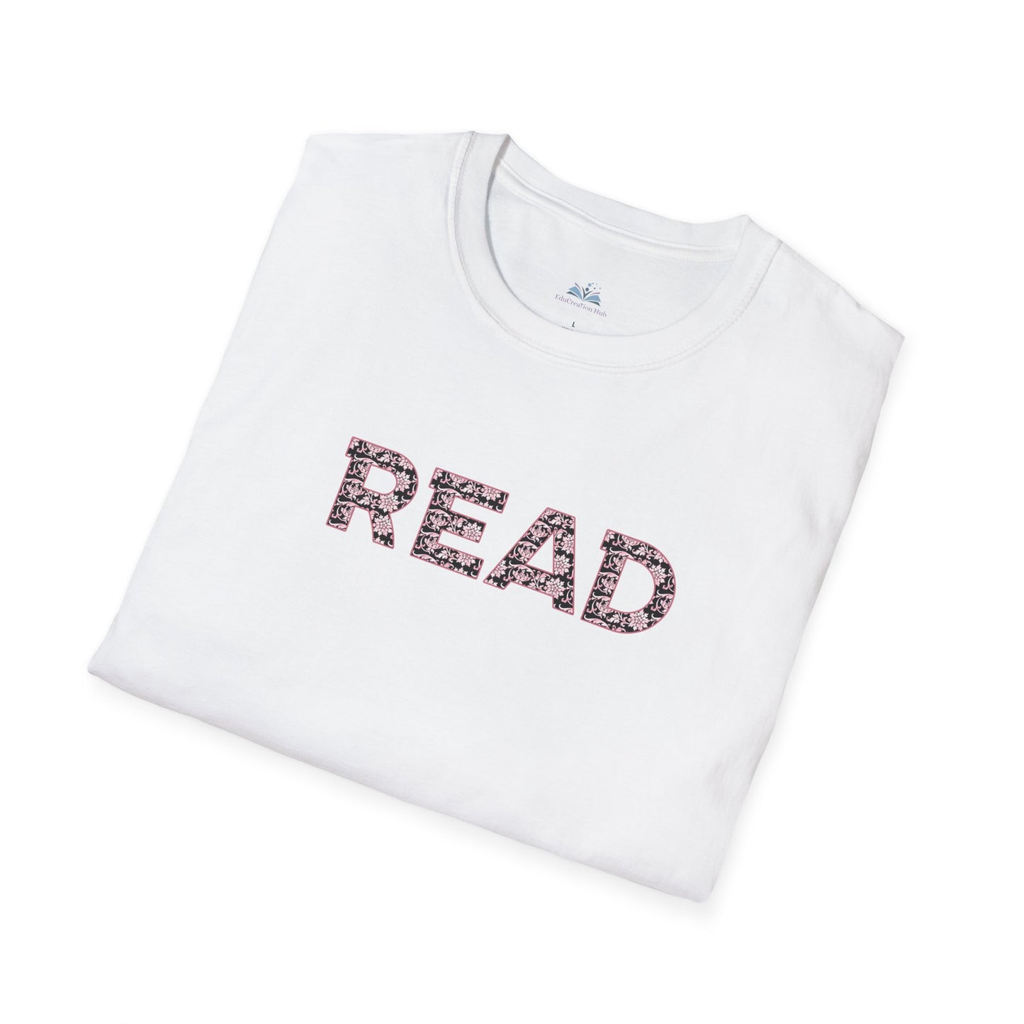 White t-shirt with 'READ' printed in black floral letters on a white background