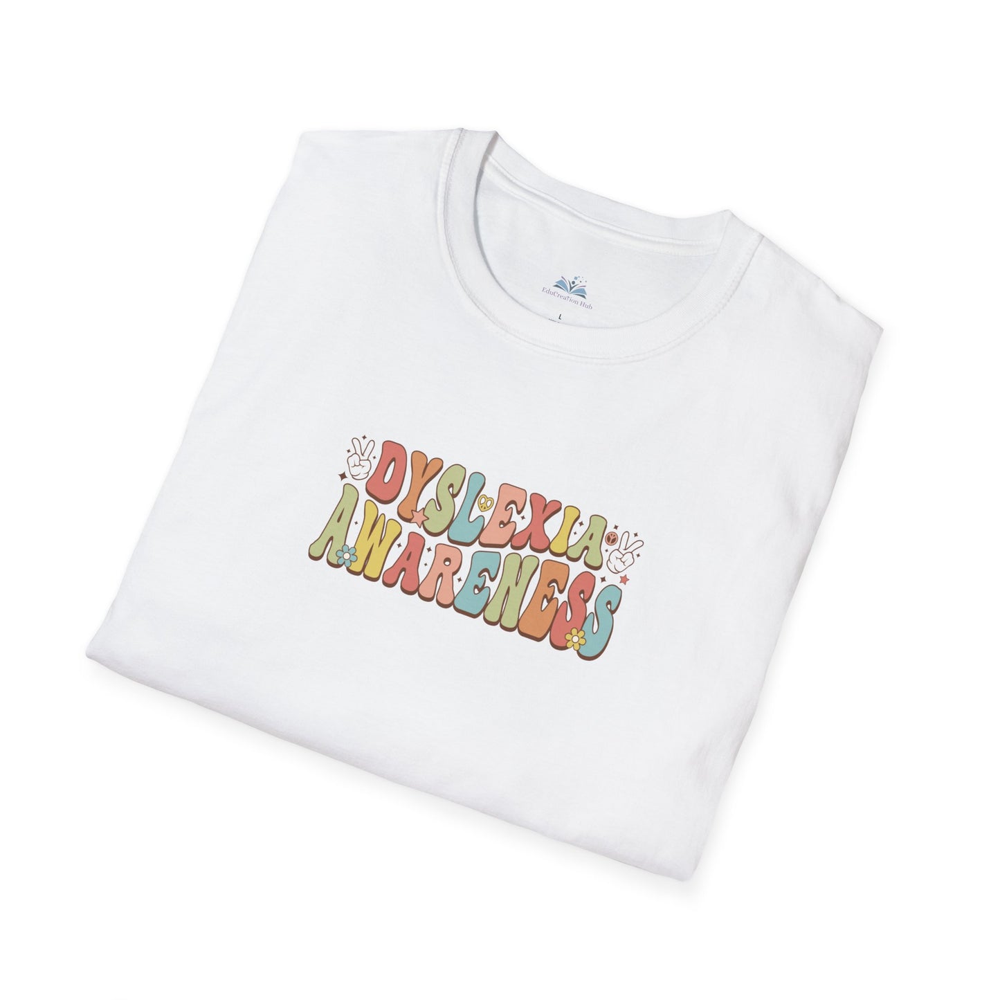 White t-shirt with 'Dyslexia Awareness' text in colorful letters on a white background