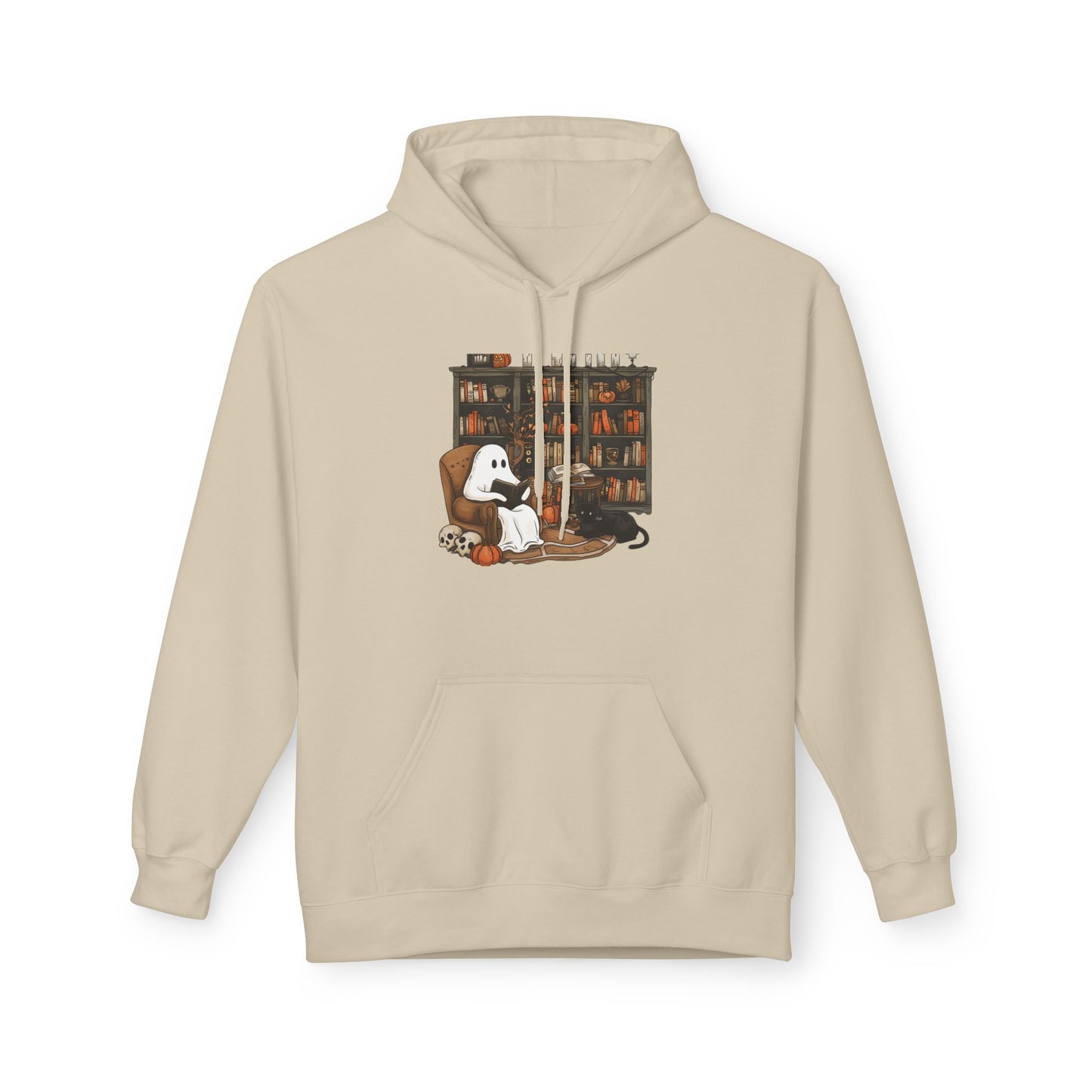 Beige hoodie with a graphic of a ghost and dog in a library on a white background