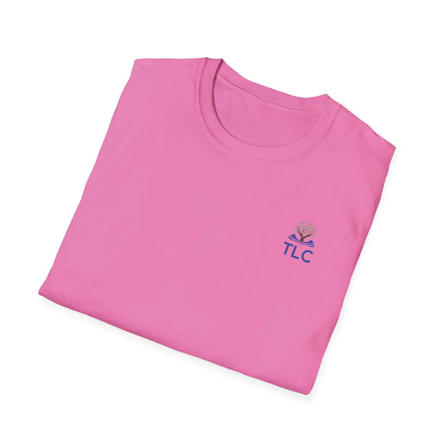 Folded pink t-shirt with 'TLC' logo on a white background
