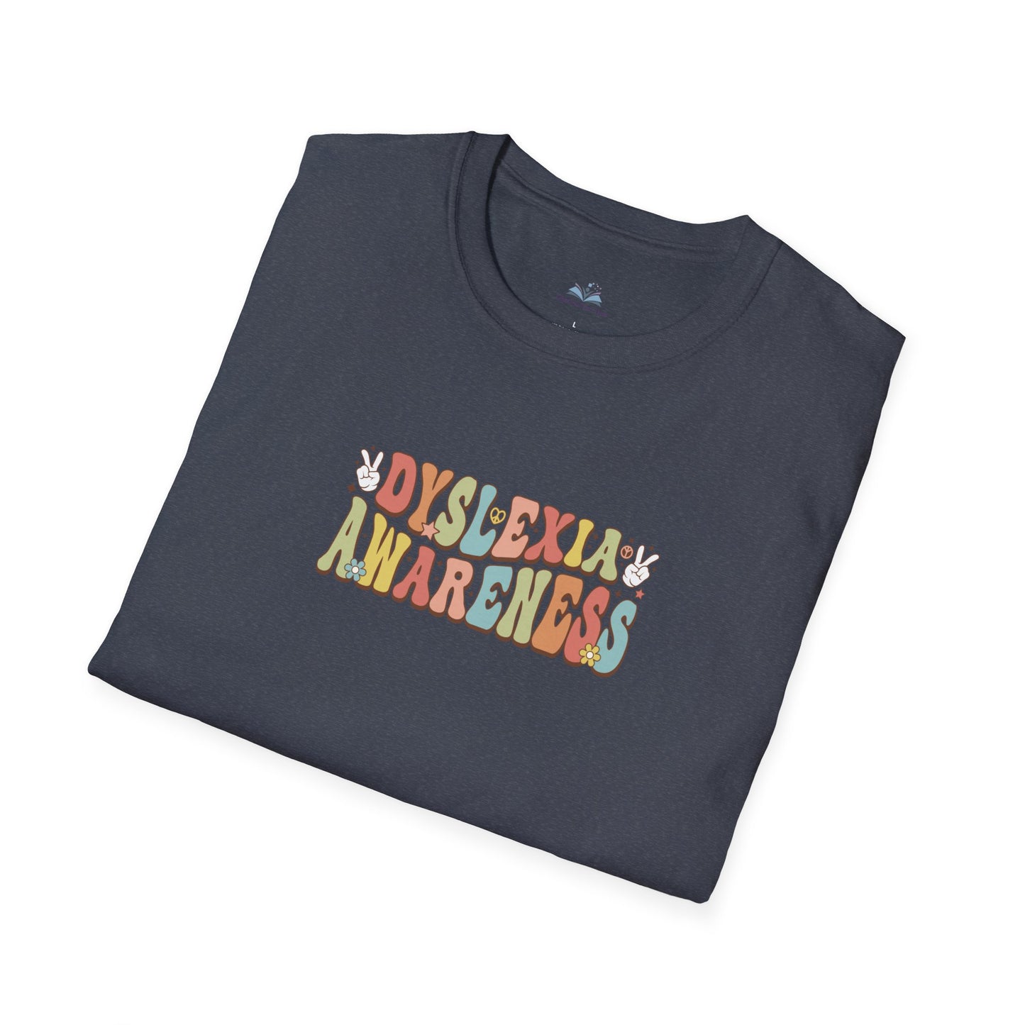 Folded t-shirt with 'Dyslexia Awareness' text on a white background