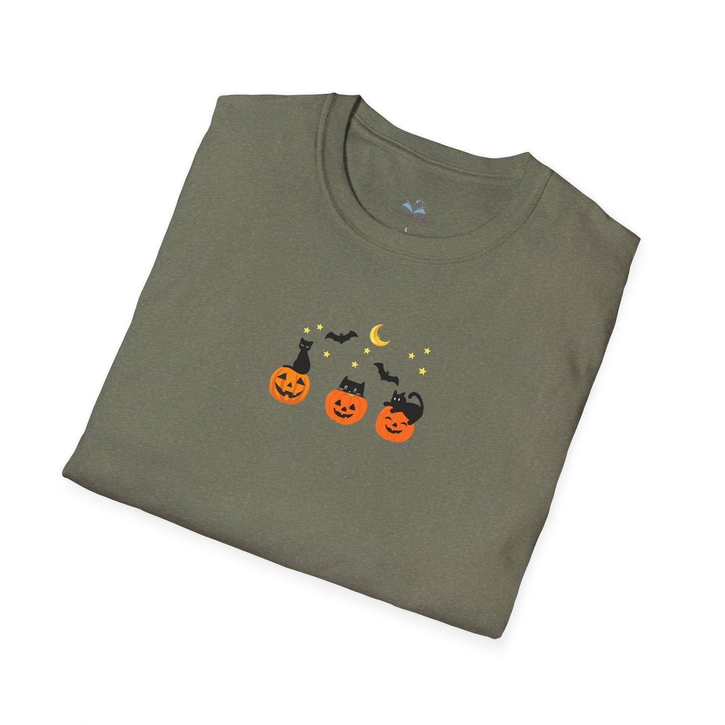 Folded green t-shirt with Halloween design on a white background