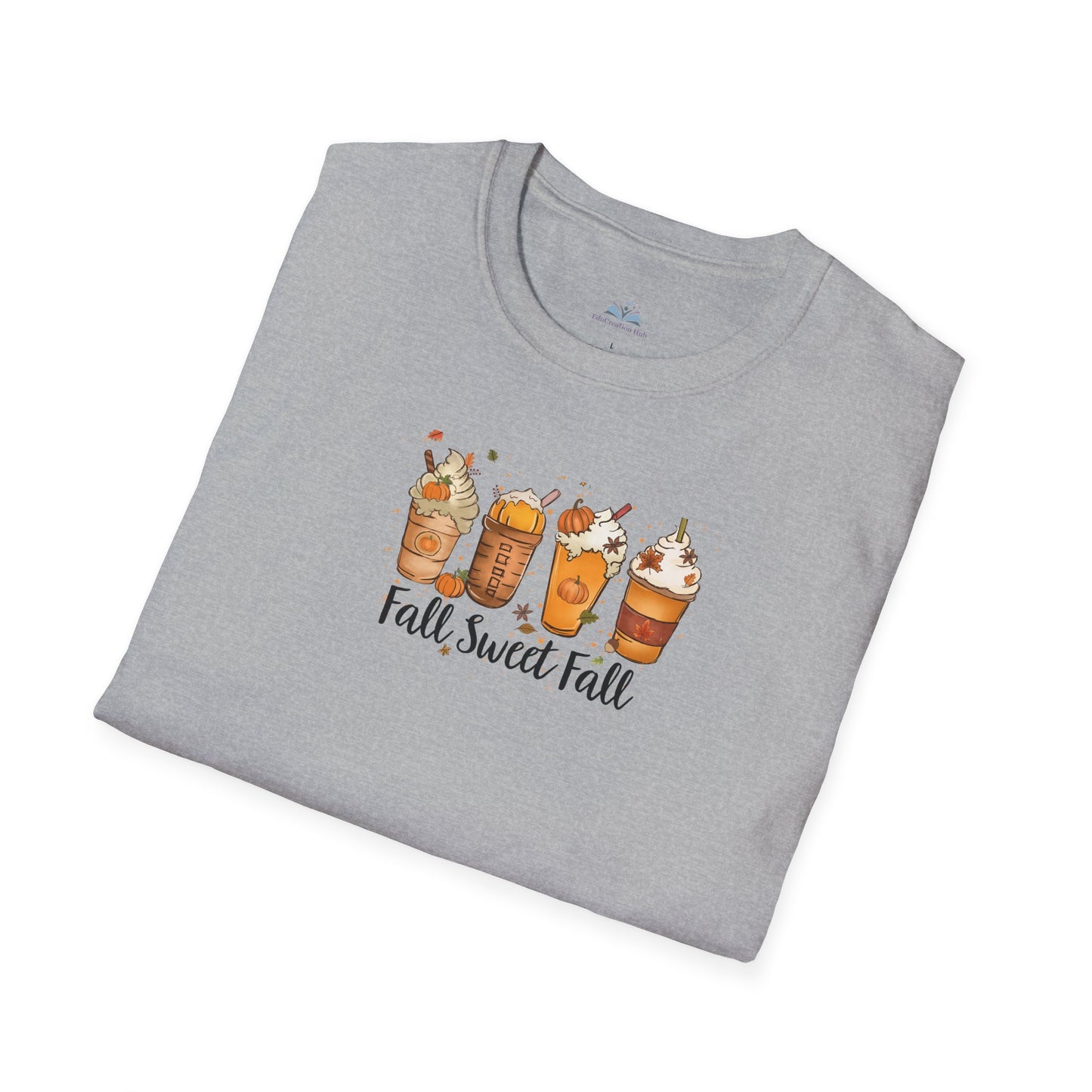 Folded gray t-shirt with 'Fall Sweet Fall' design featuring pumpkins and drinks on a white background