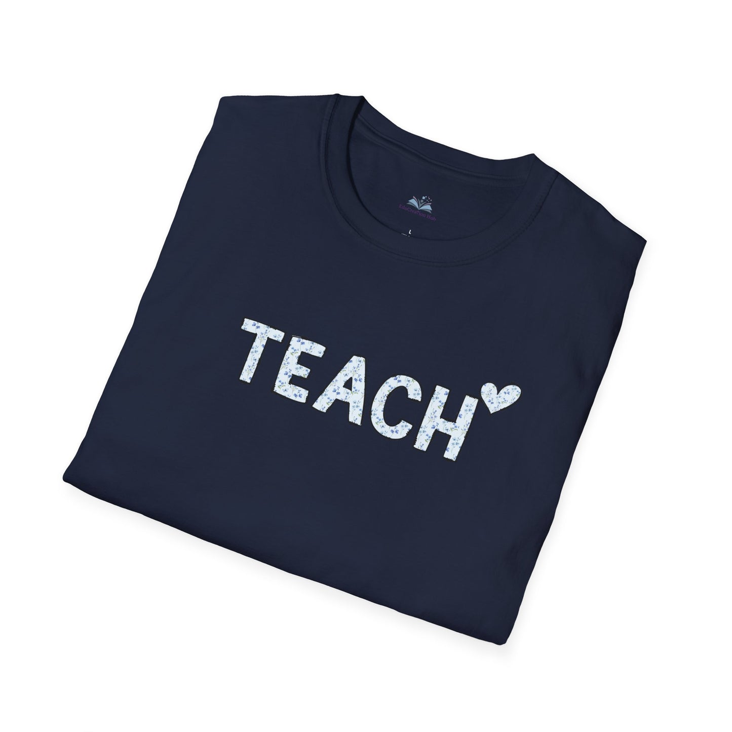Navy blue t-shirt with 'TEACH' printed on it against a white background