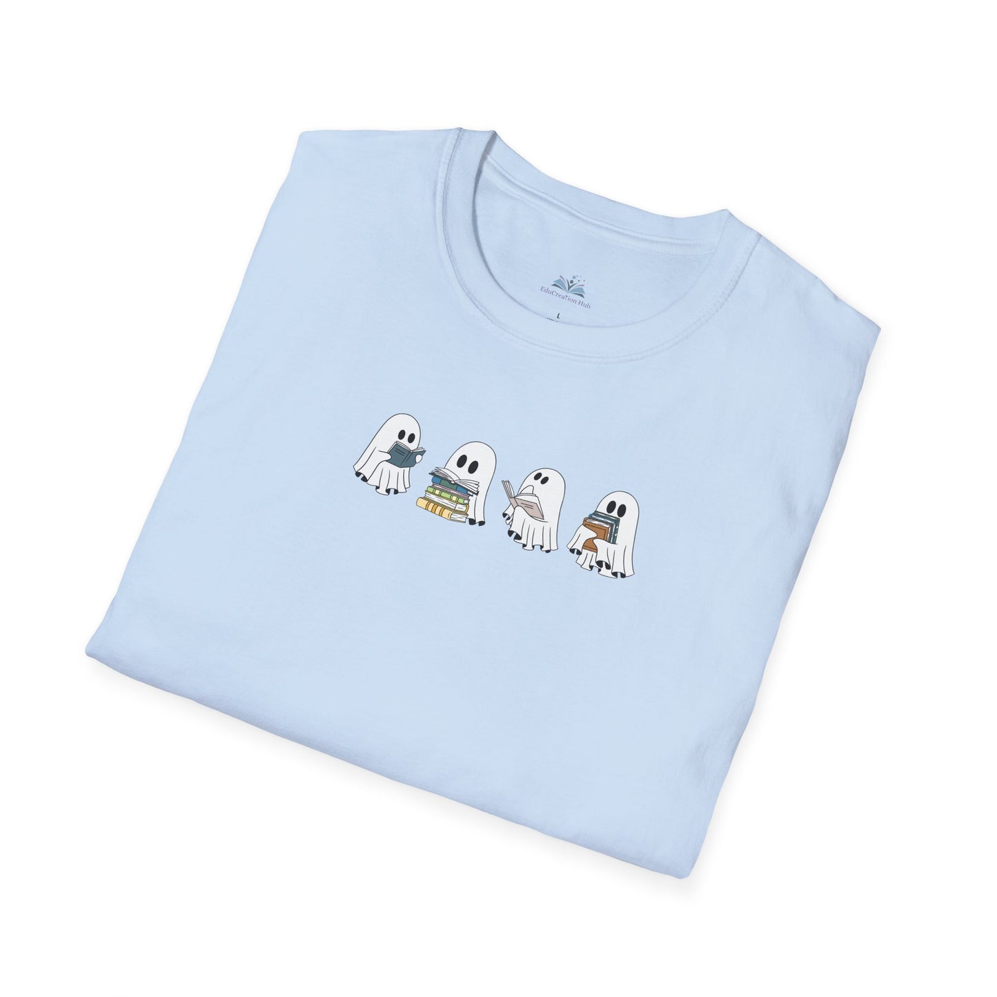 Light blue t-shirt with cartoon ghosts design on a white background