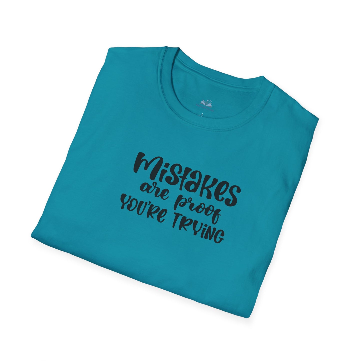 Folded teal t-shirt with black text on a white background
