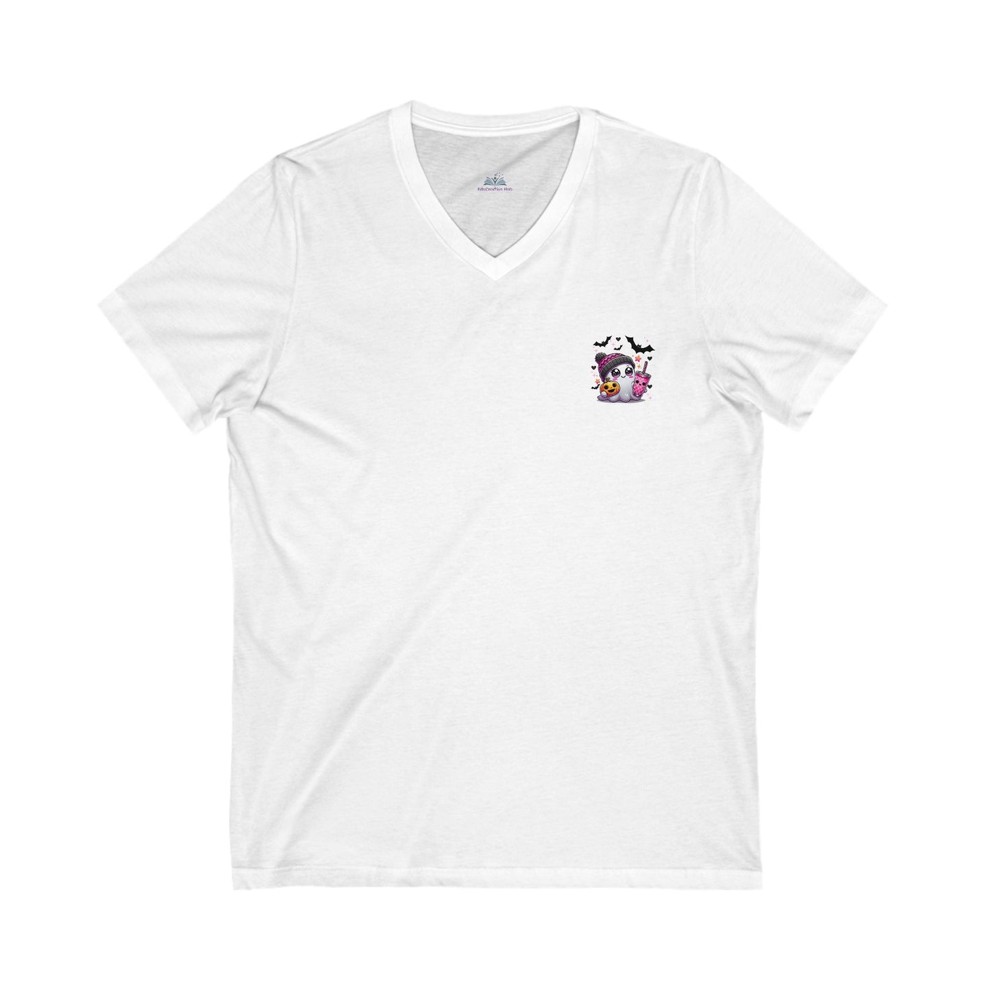 White t-shirt with a small graphic on the chest against a white background