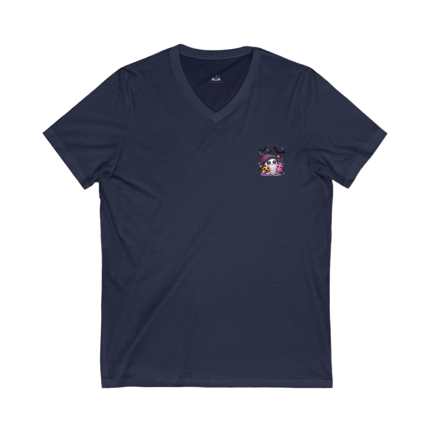 Navy blue t-shirt with a small colorful graphic on the chest against a white background