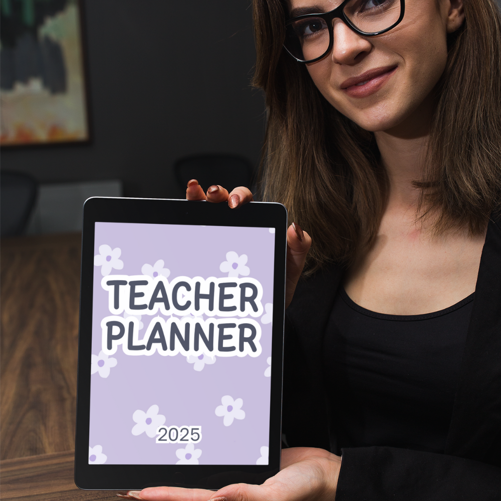 Woman holding a tablet with 'Teacher Planner 2025' on a purple background
