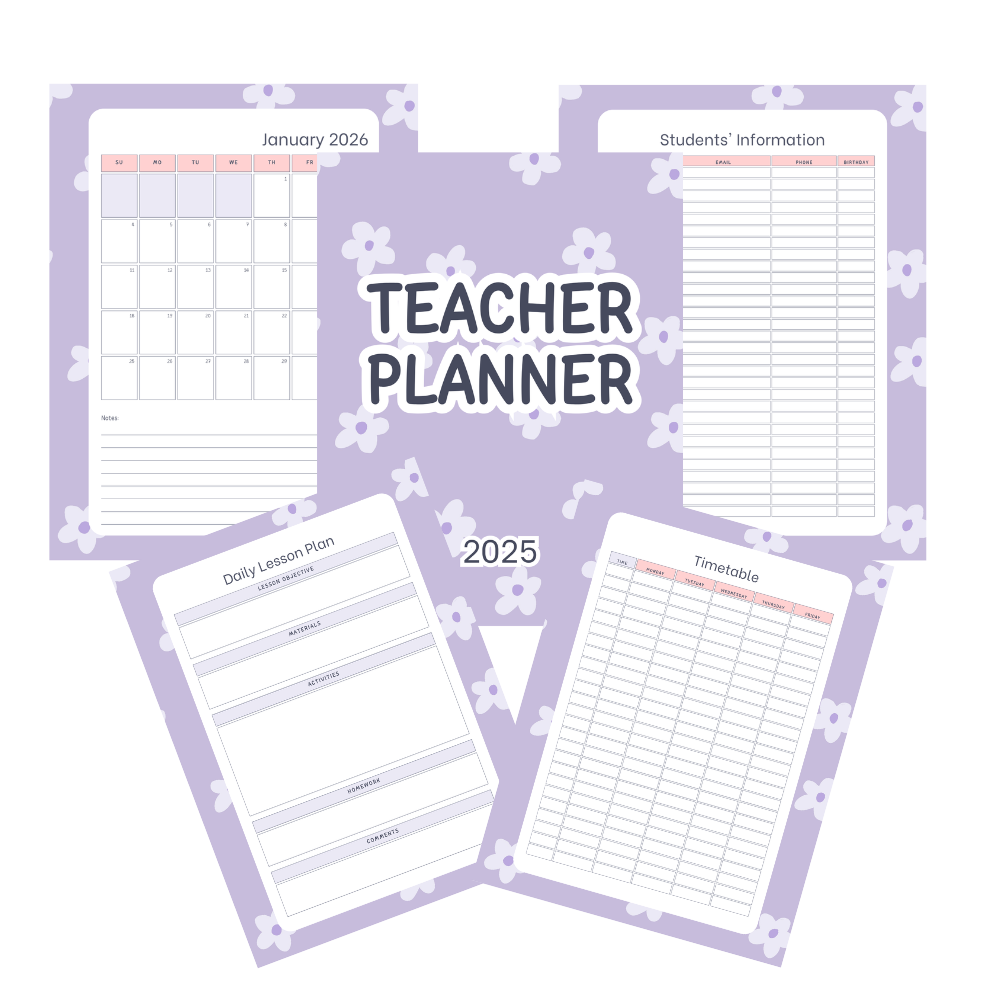 Teacher planner with various sections on a purple background