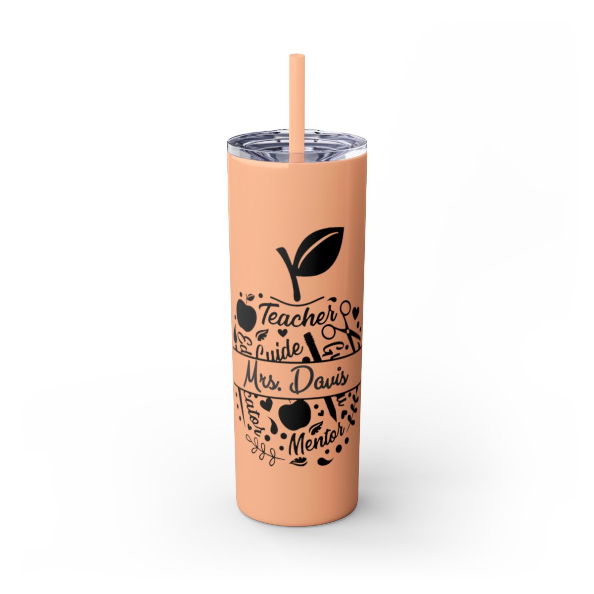 Peach-colored tumbler with black text and design on a white background