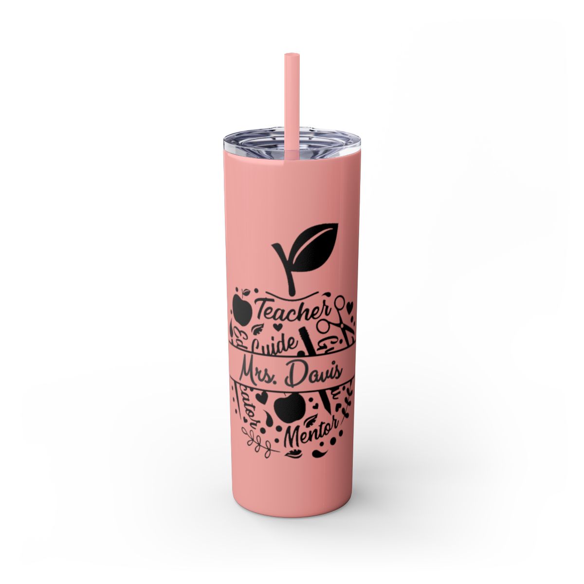 Pink tumbler with black text and design on a white background