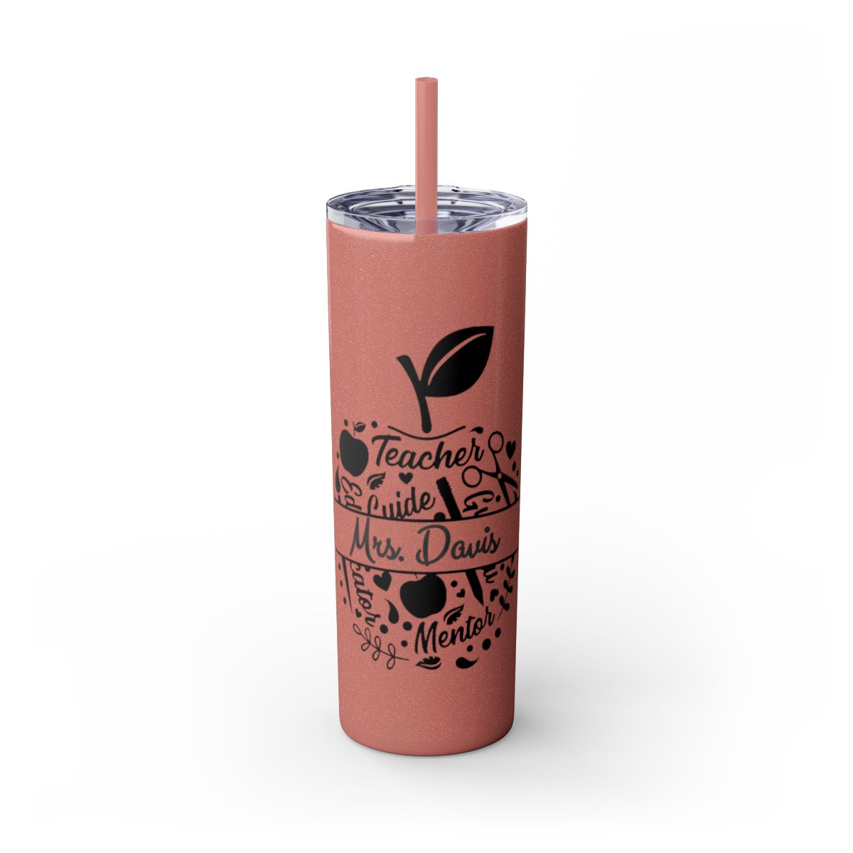 Pink tumbler with black text and design on a white background