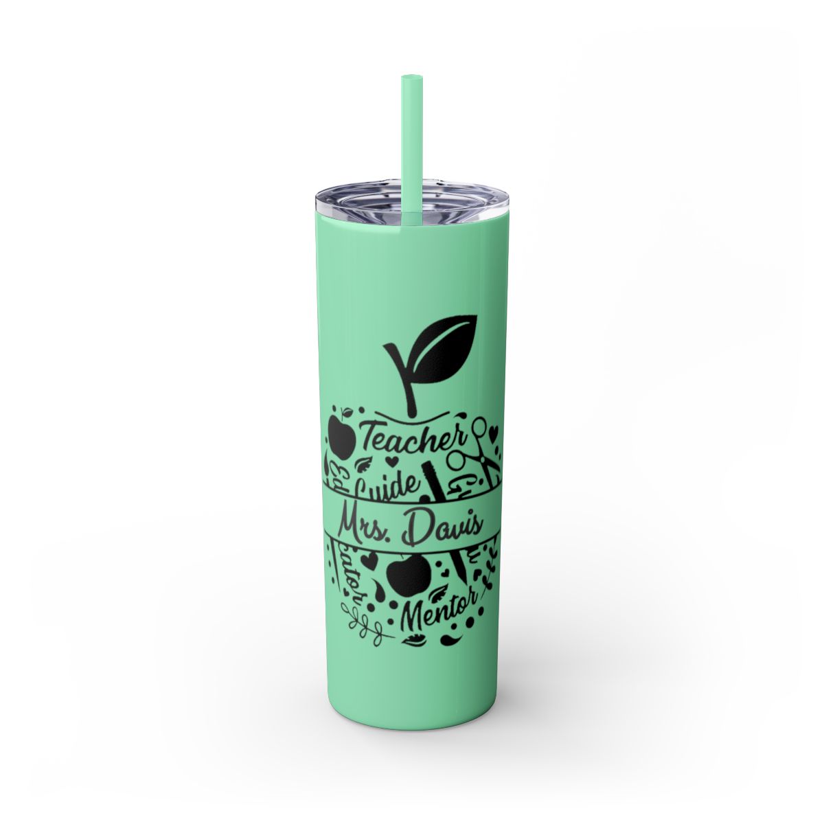 Mint green tumbler with black text and designs on a white background