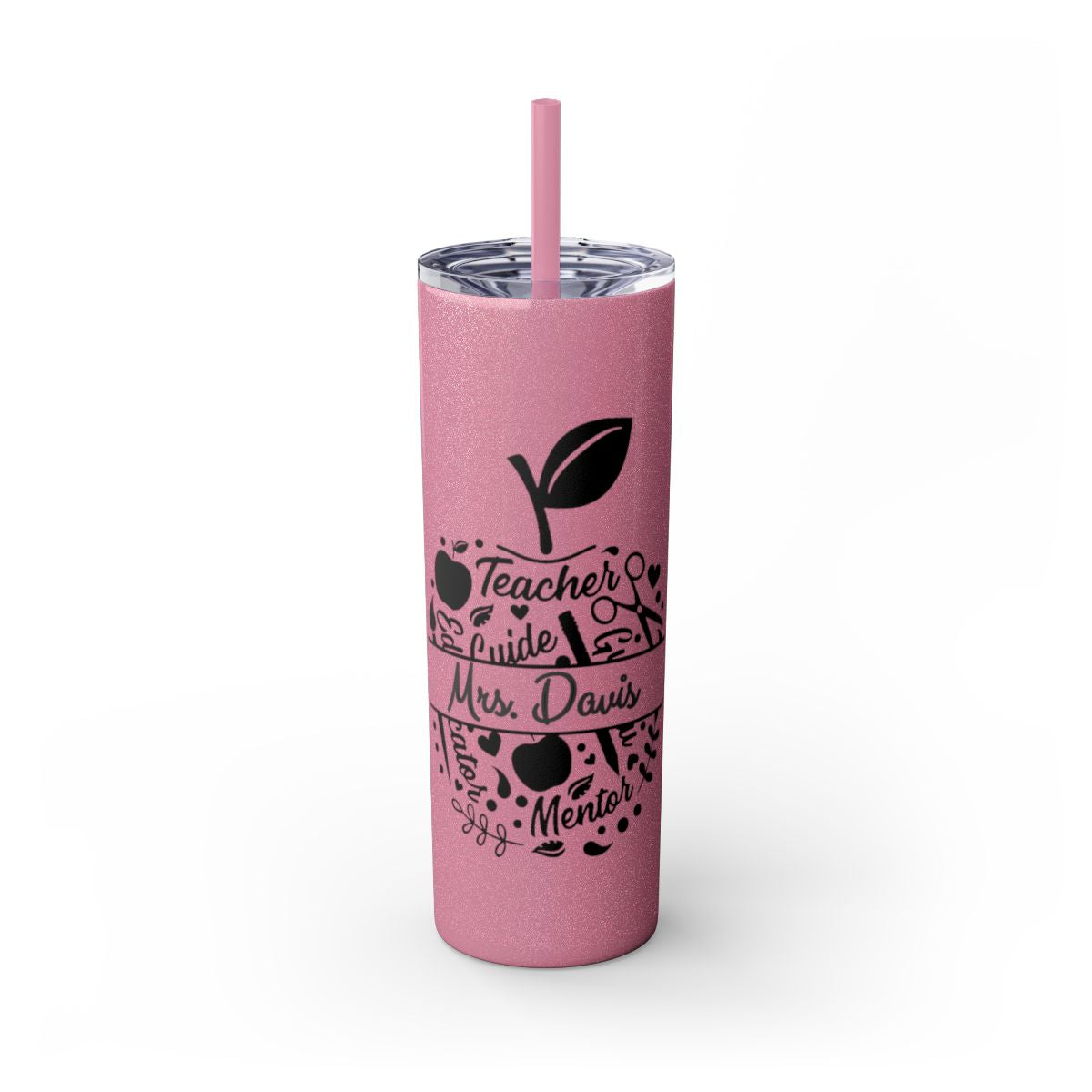 Pink tumbler with black text and design on a white background