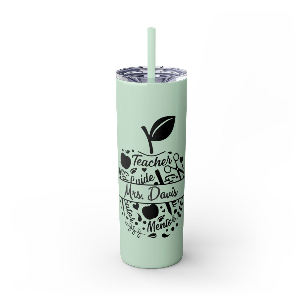 Mint green tumbler with black text and designs on a white background