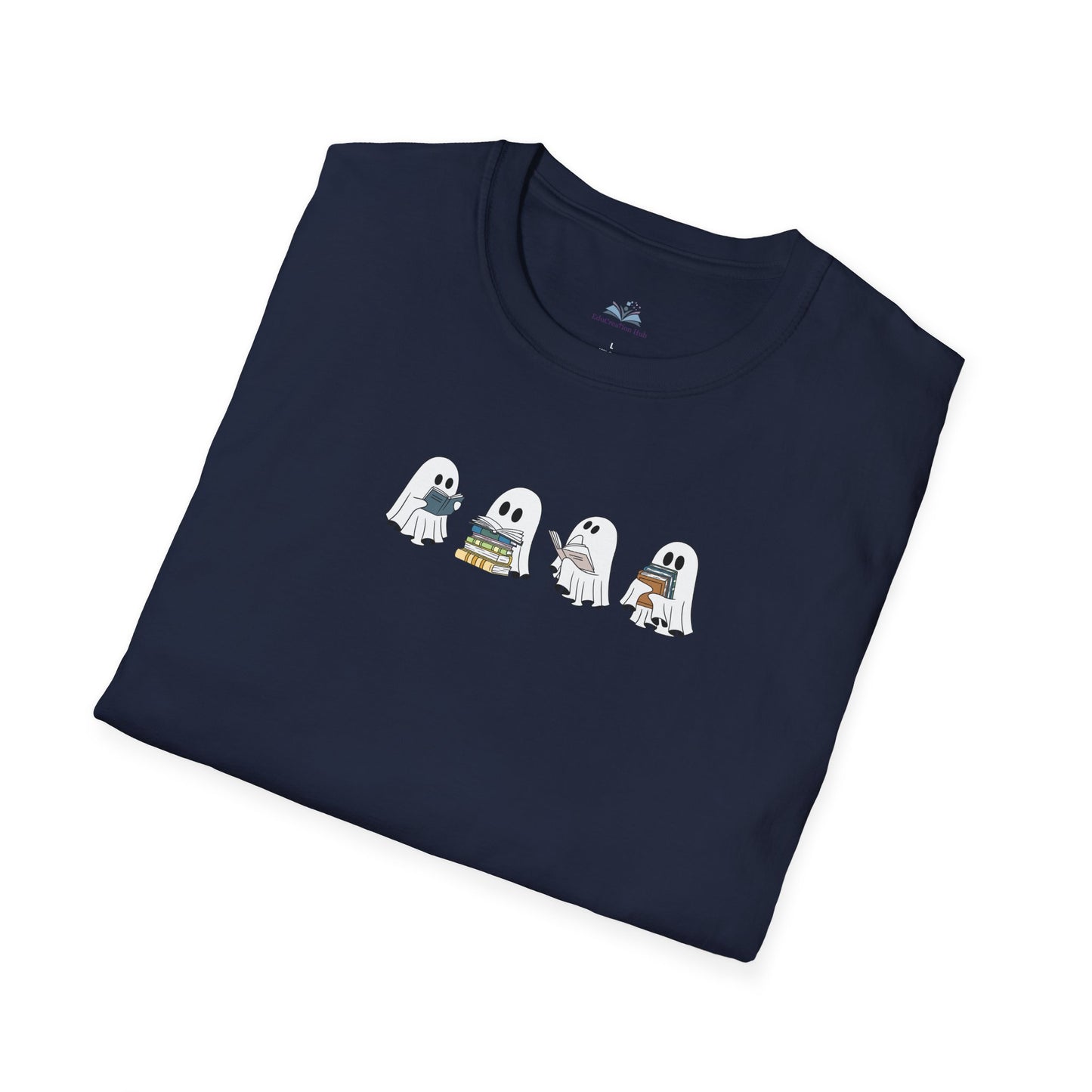 Folded navy blue t-shirt with cartoon ghost design on a white background