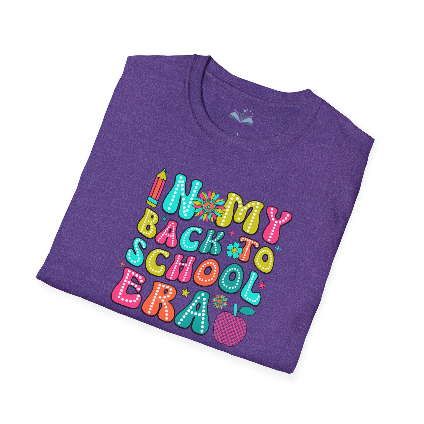 Folded purple t-shirt with colorful 'My Back to School Era' text design on a white background