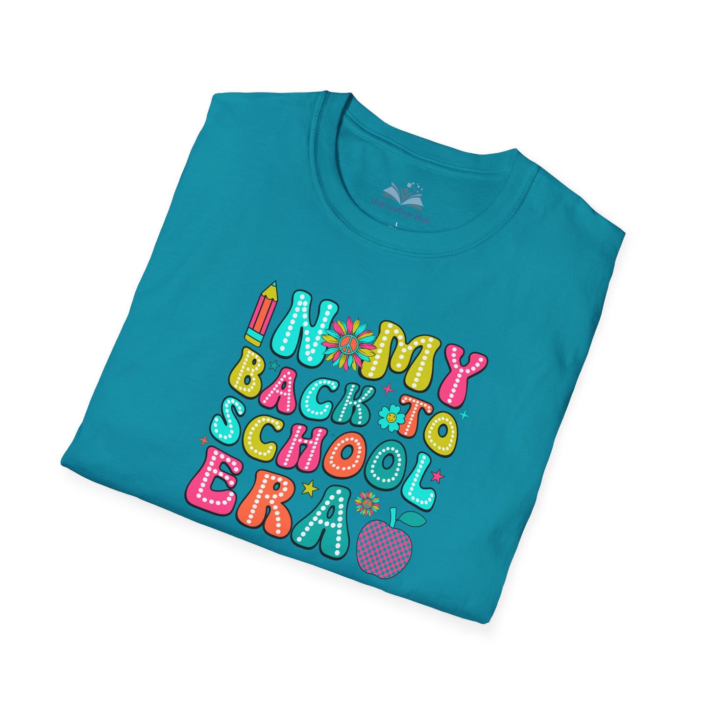 Folded teal t-shirt with colorful 'My Back to School Era' text design on a white background
