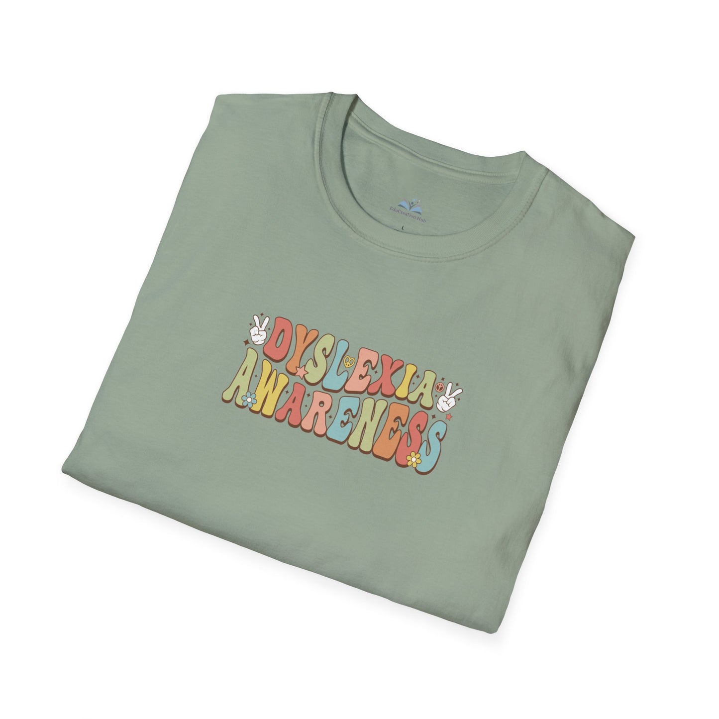 Folded green t-shirt with 'Dyslexia Awareness' text on a white background