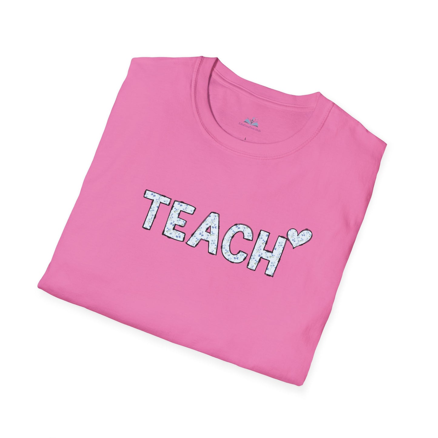 Pink t-shirt with 'TEACH' text on a white background