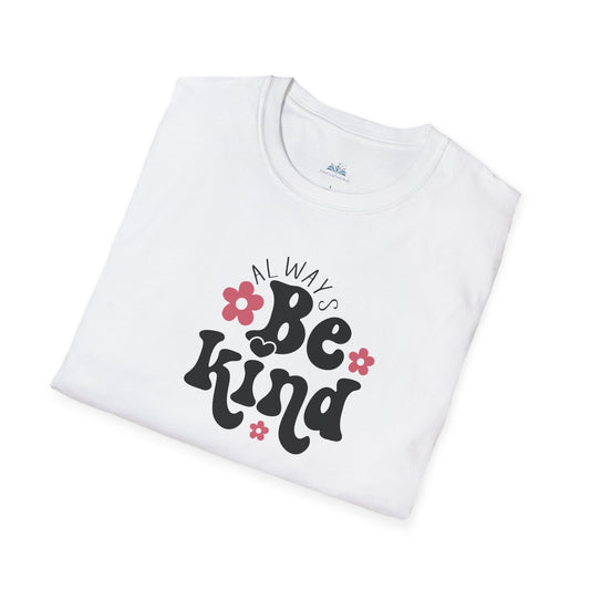 White t-shirt with 'Always Be Kind' text and flowers on a white background