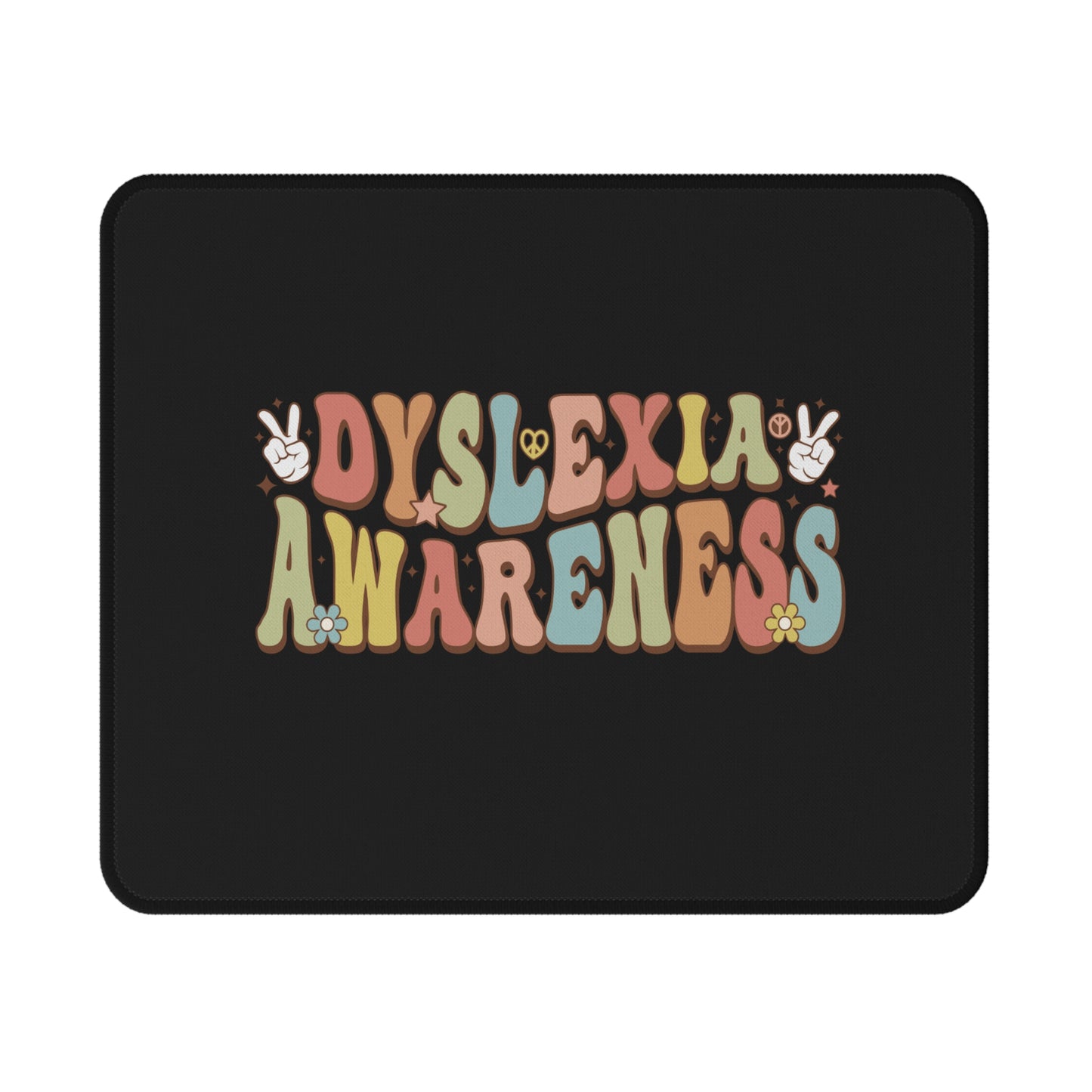 Black mouse pad with colorful 'Dyslexia Awareness' text on a white background