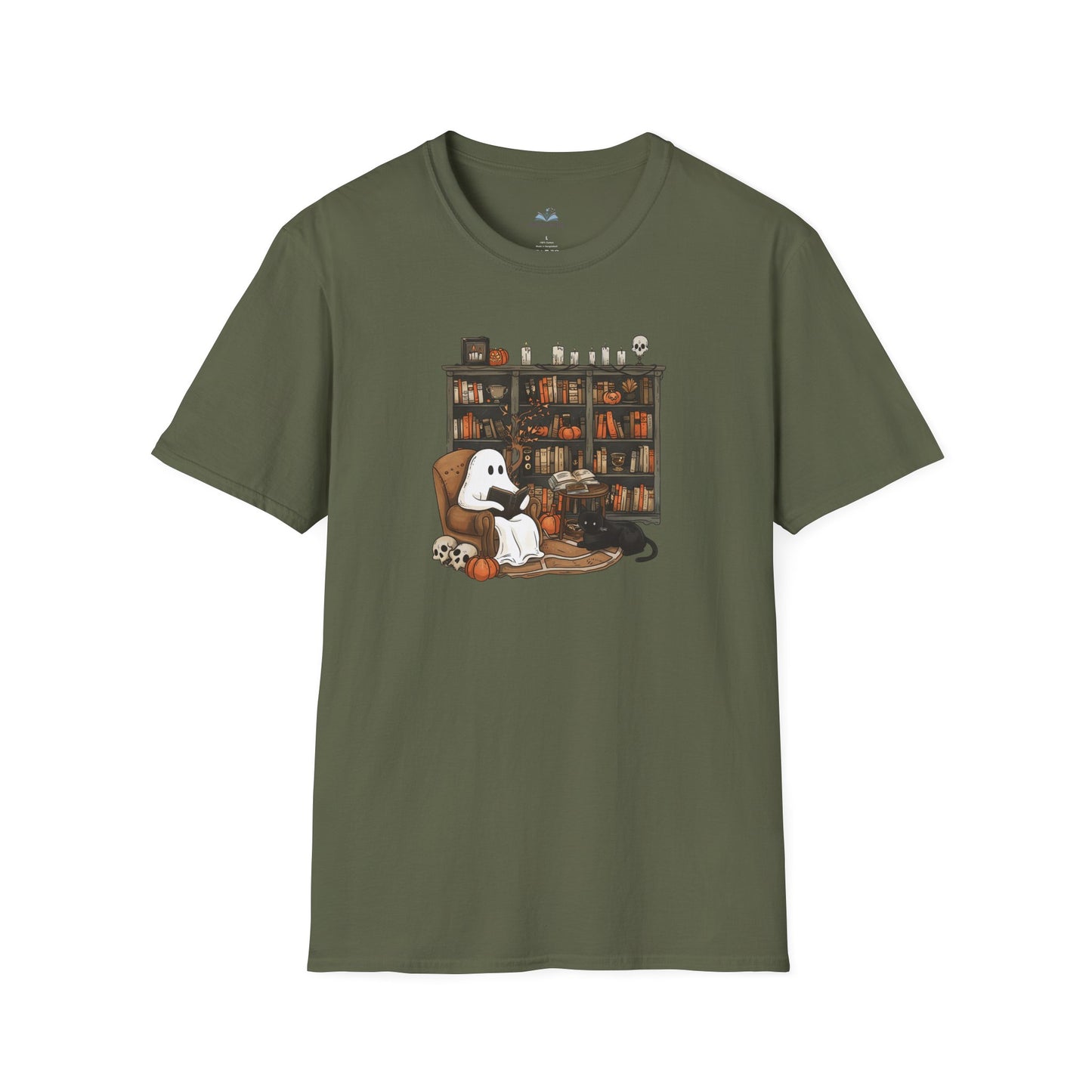 Green t-shirt with a graphic of a ghost, cat, and books on a white background