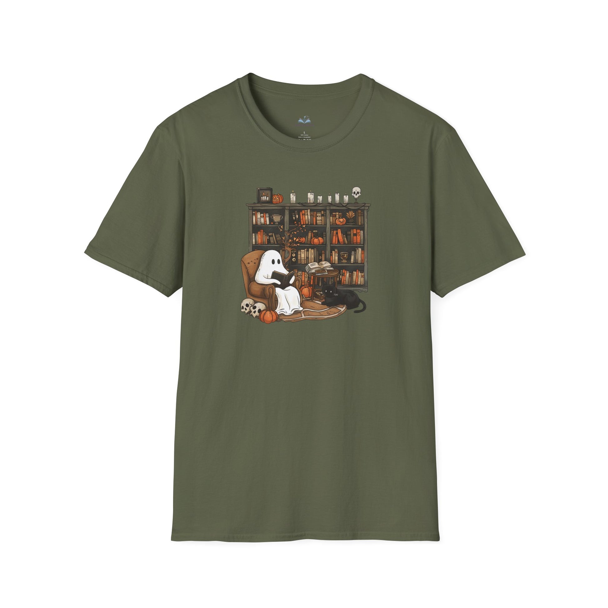Green t-shirt with a graphic of a ghost, cat, and books on a white background