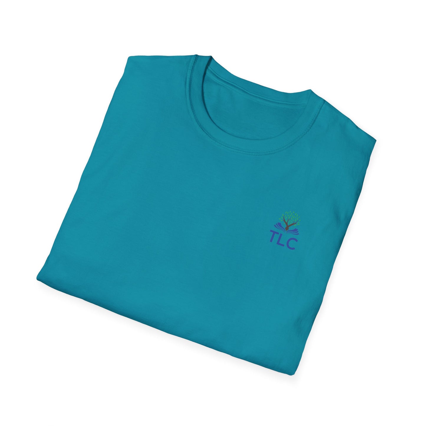 Folded teal t-shirt with a small logo on a white background