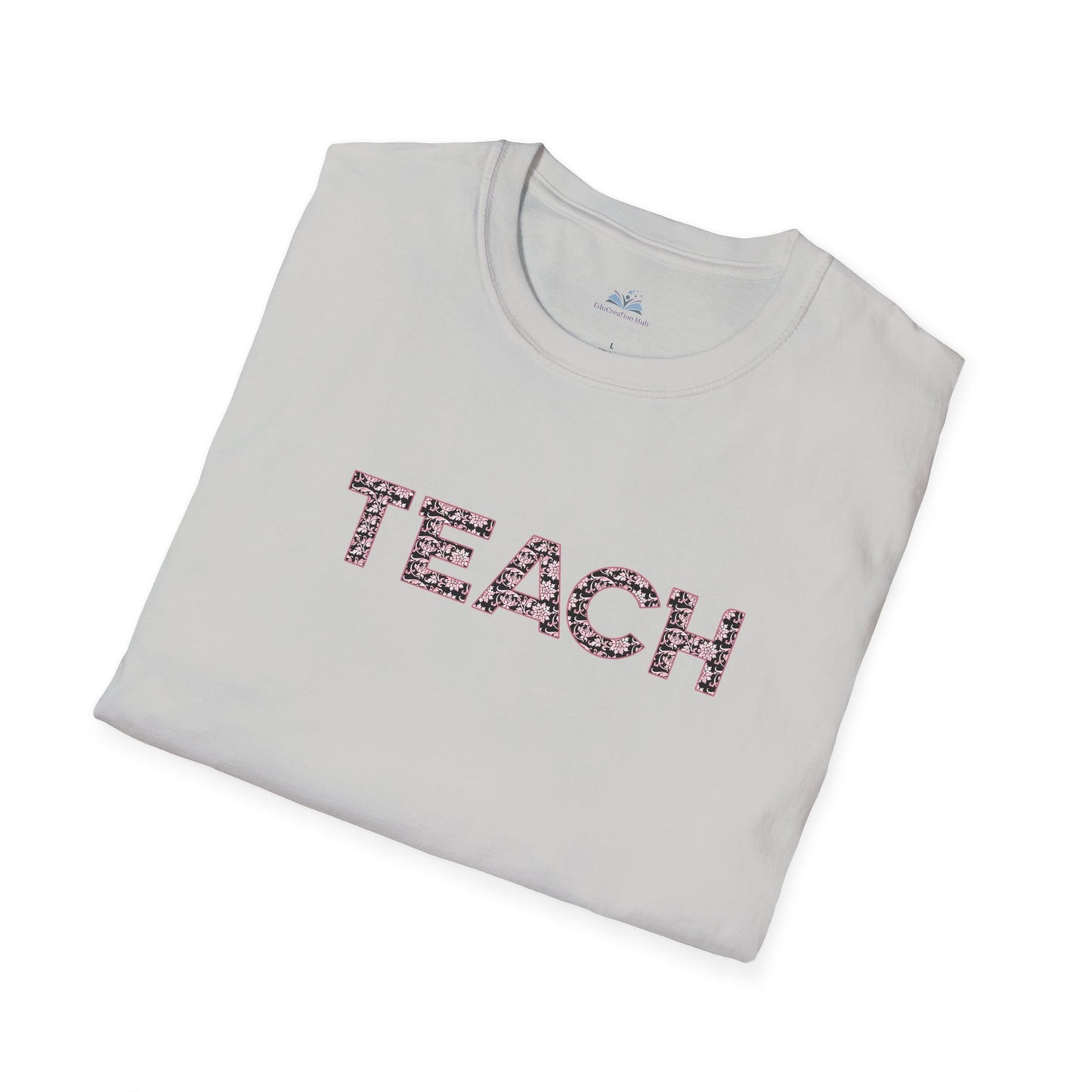 Folded gray t-shirt with 'TEACH' text on a white background
