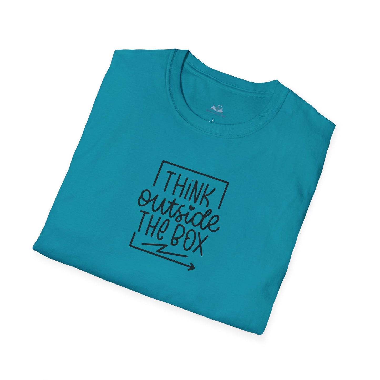 Teal t-shirt with 'I think outside the box' text on a white background
