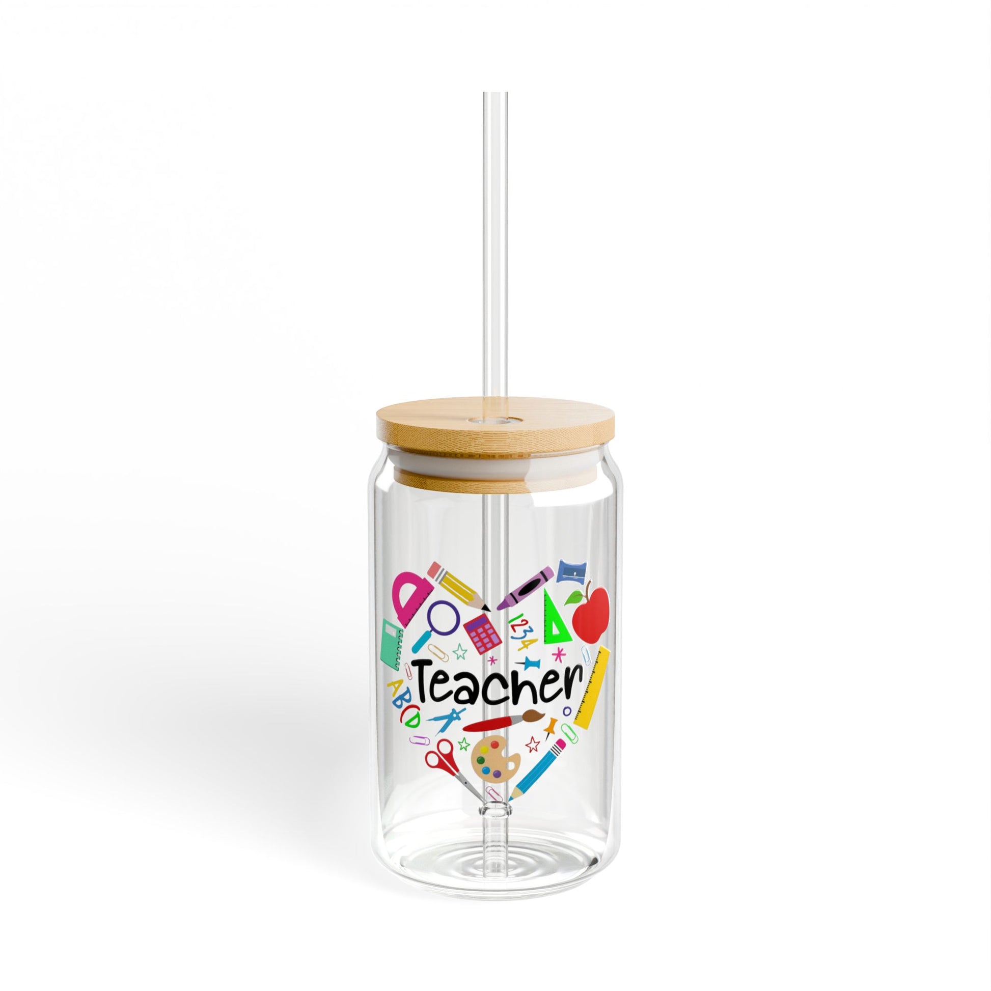 Clear tumbler with wooden lid and colorful 'Do You Love Teacher?' design on a white background