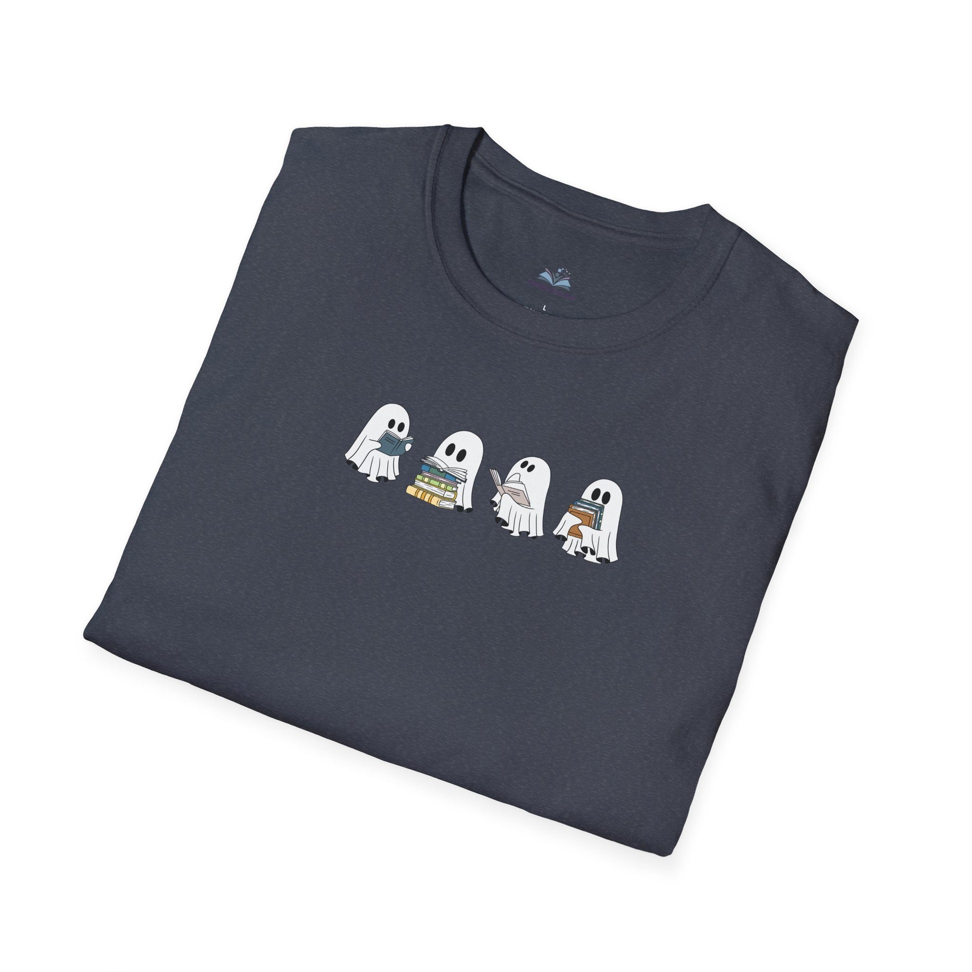 Folded dark gray t-shirt with cartoon ghosts design on a white background