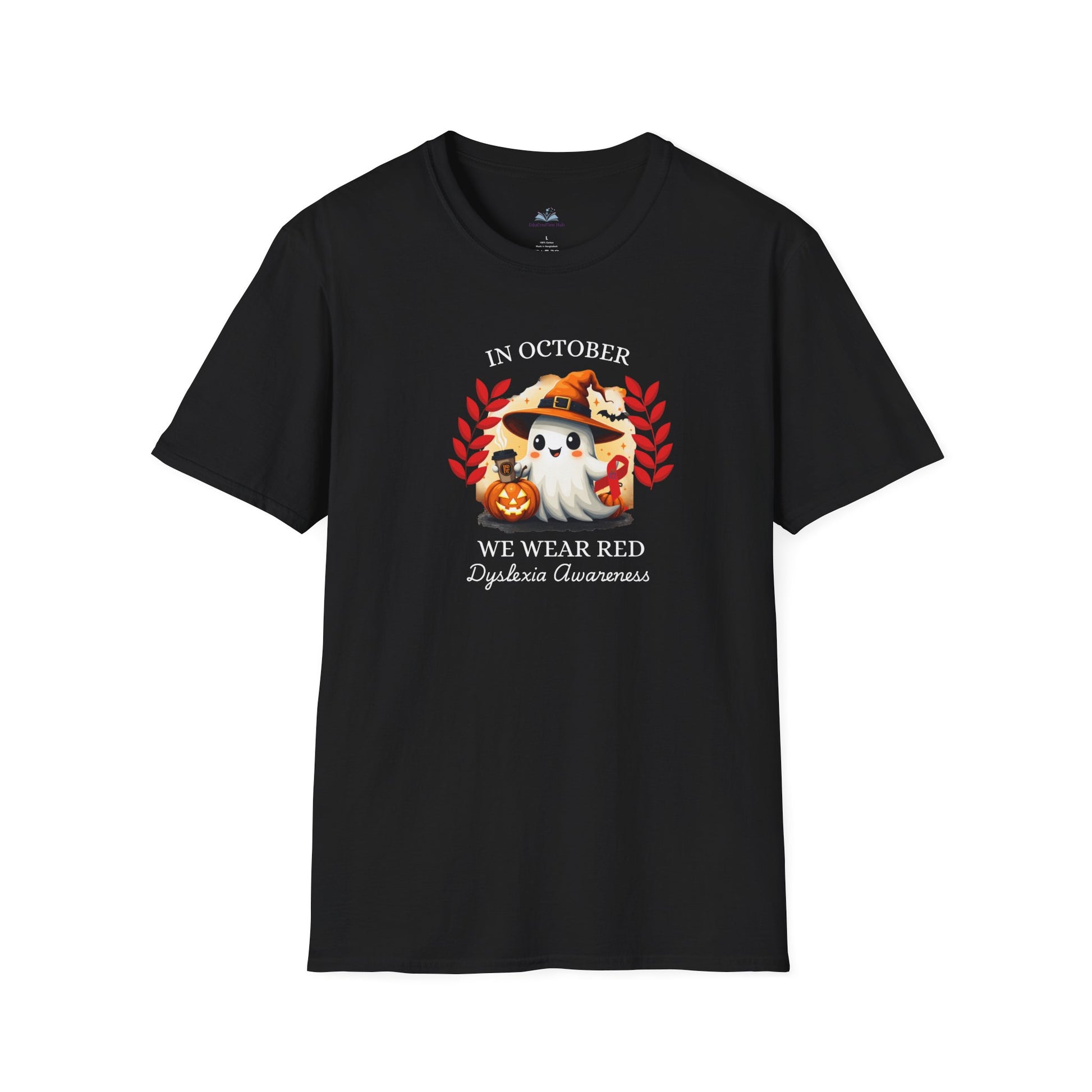 Black t-shirt with Halloween-themed graphic and text on a white background