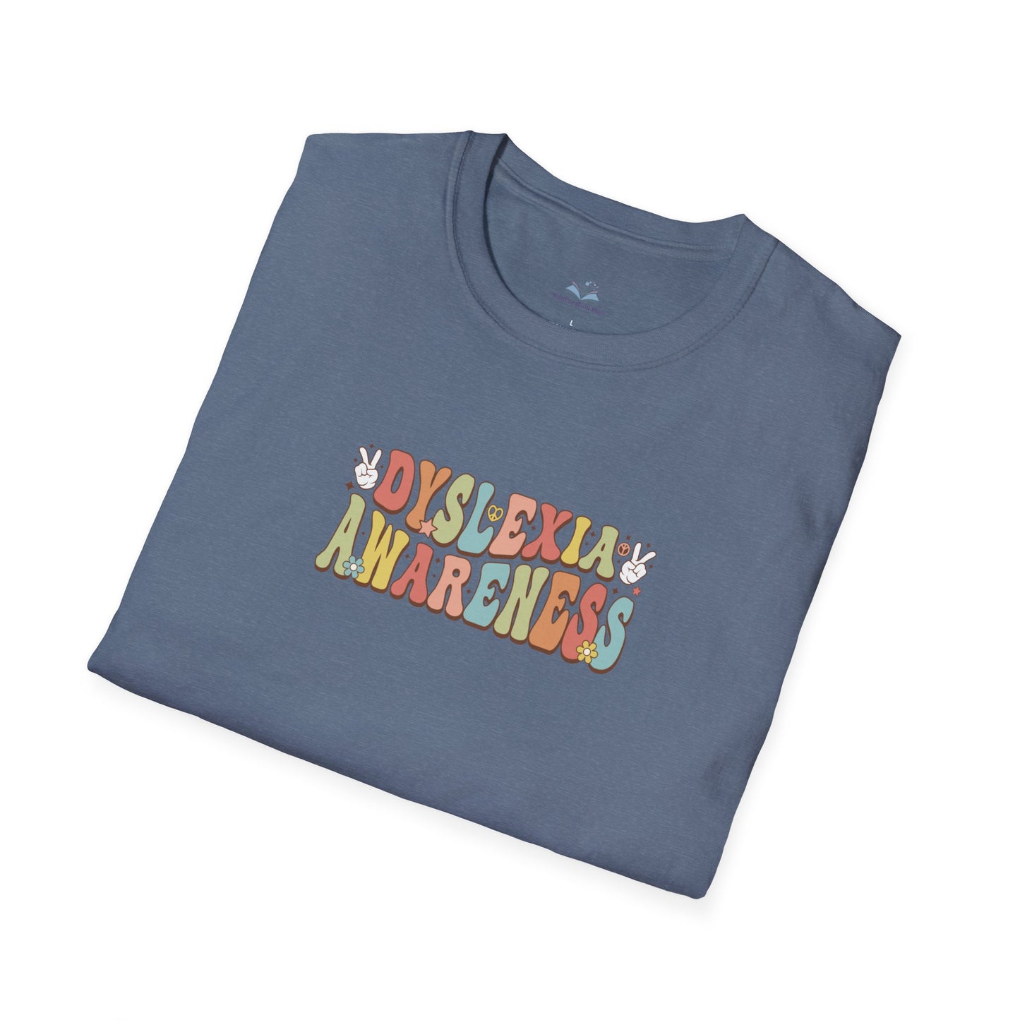 Folded blue t-shirt with 'Dyslexia Awareness' text in colorful letters on a white background