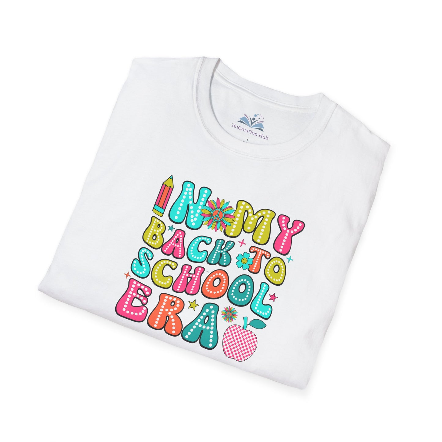 White t-shirt with colorful 'Back to School' text design on a white background
