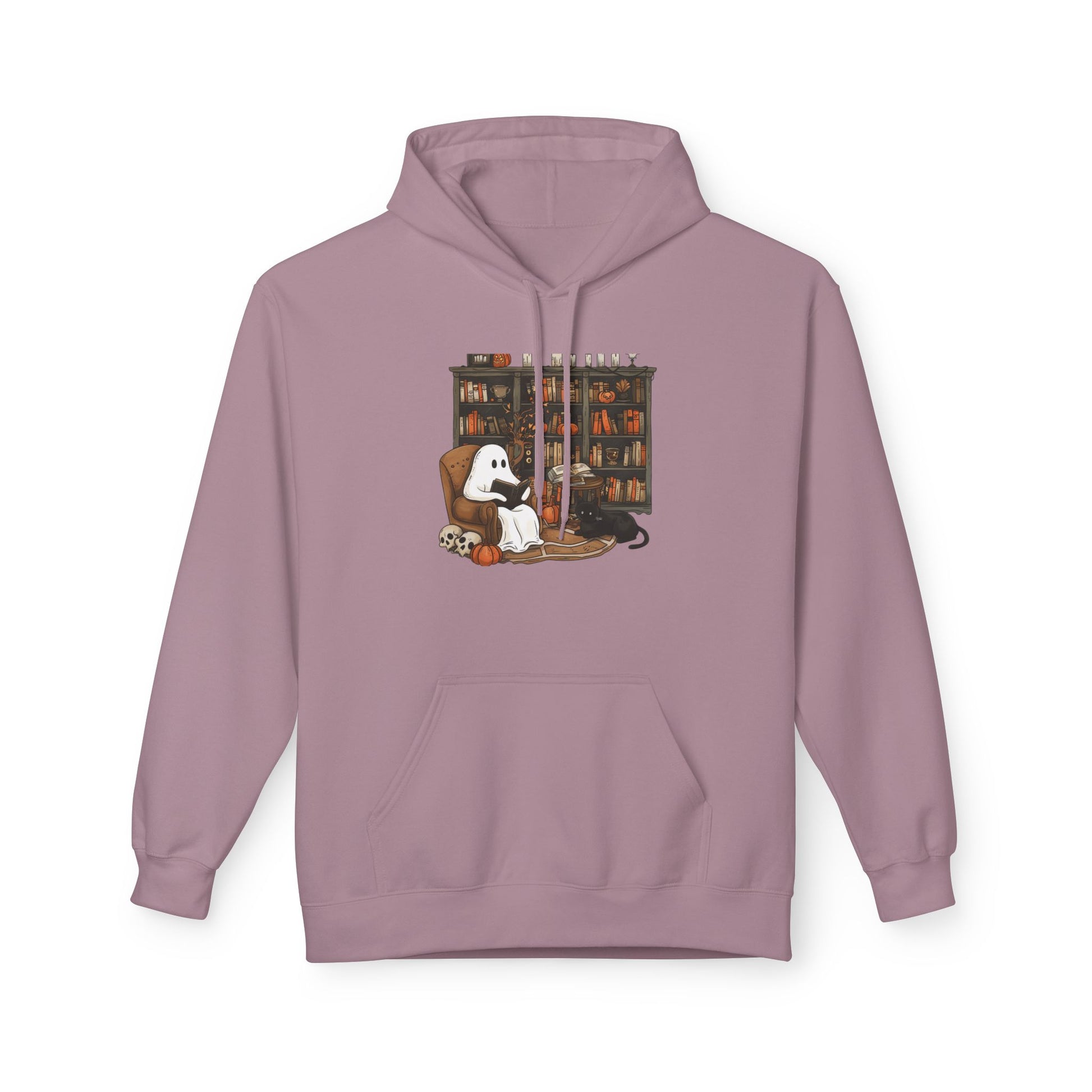 Purple hoodie with a graphic of a ghost, dog, and cat in a library on a white background