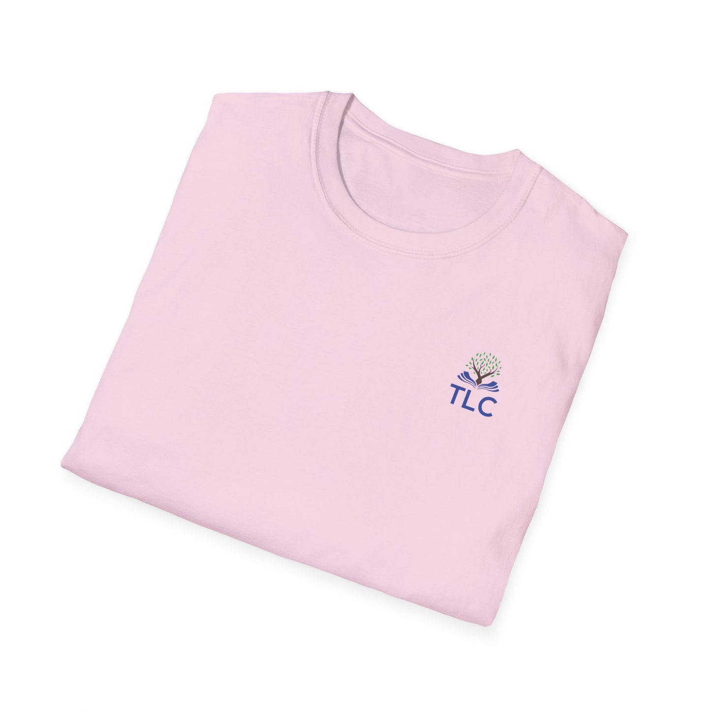 Folded pink t-shirt with 'TLC' logo on a white background
